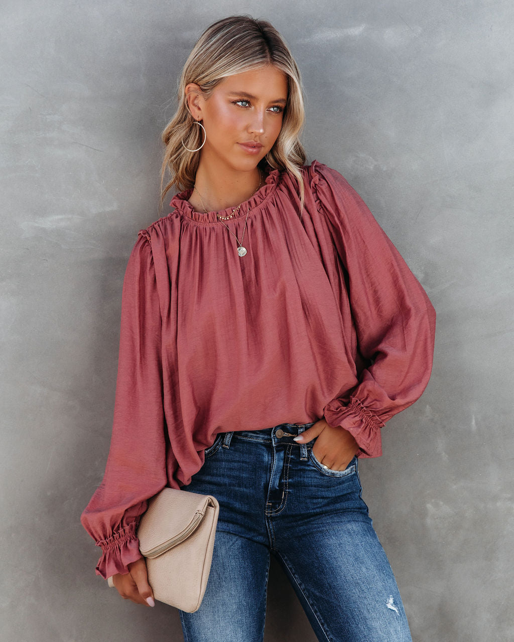 Quinn Crinkle Ruffle Sleeve Top - Dusty Clay - SALE - Se7enfashion
