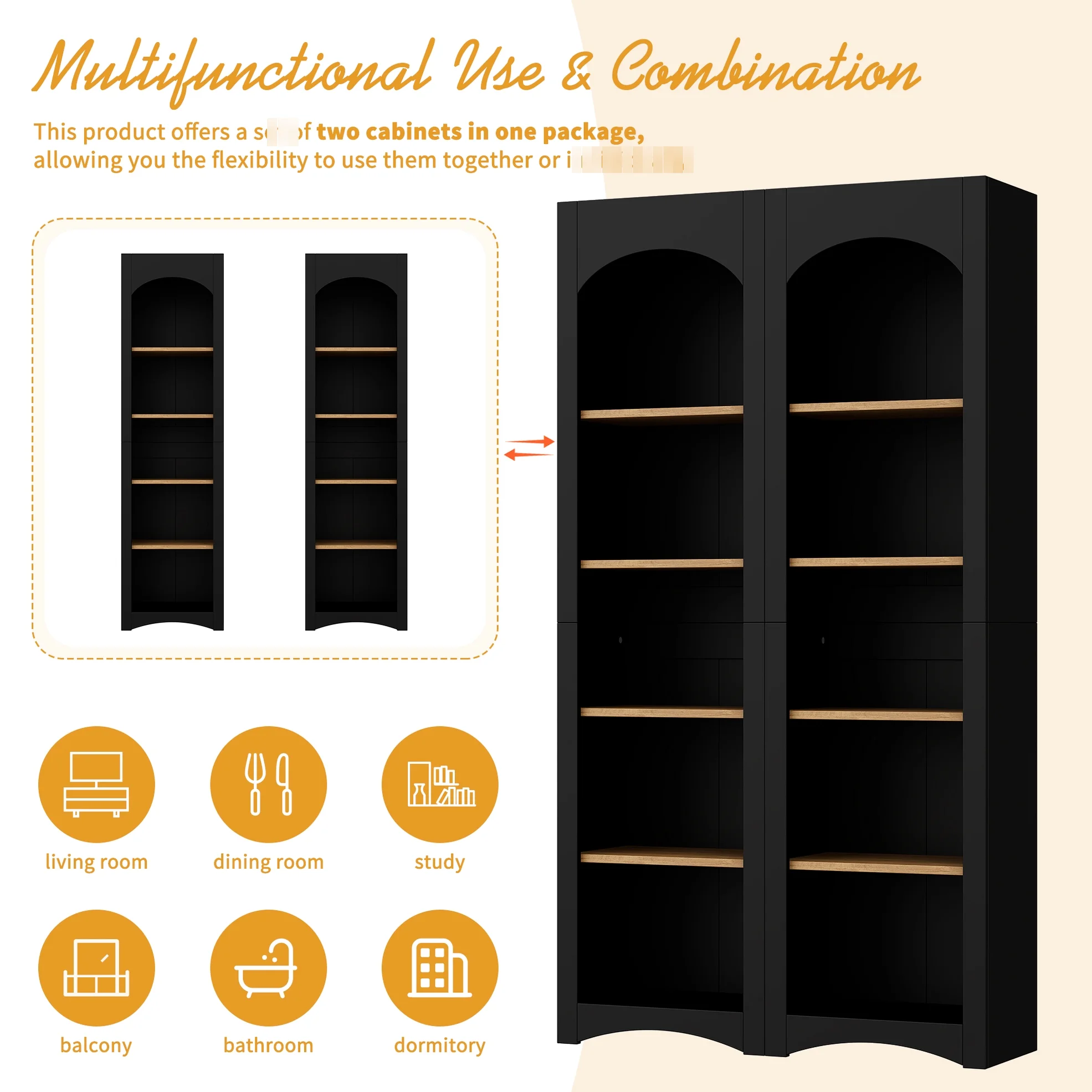 72"h Pantry Pair, 2 , Adjustable Shelves, , Black Finish 2 Bookcase , Cabinet With Vintage Style - Image 4