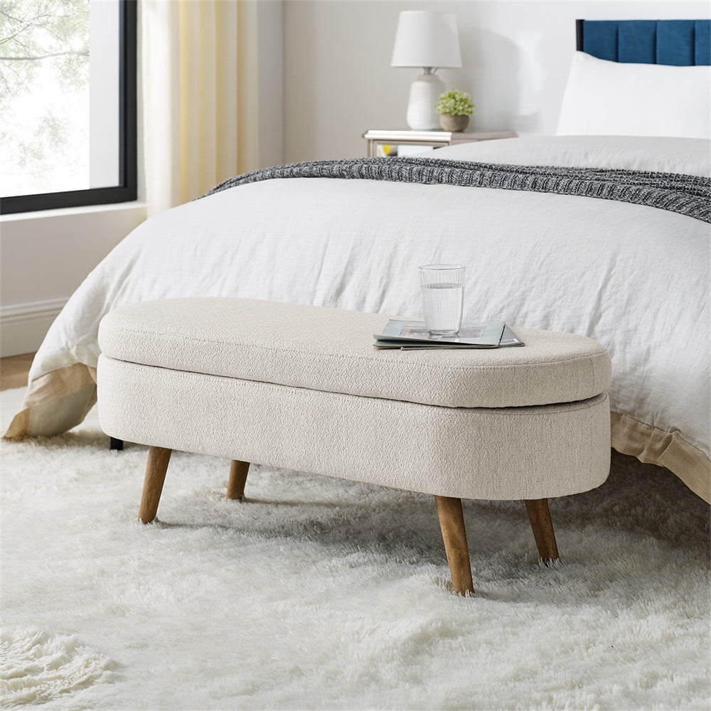 43.5" Oval Storage Ottoman Bench with Solid Wood Legs, Linen Fabric Upholstered Entryway Bench with Safety Hinge, Indoor Bench for End of Bed, Sofa Side, Entryway - Image 7
