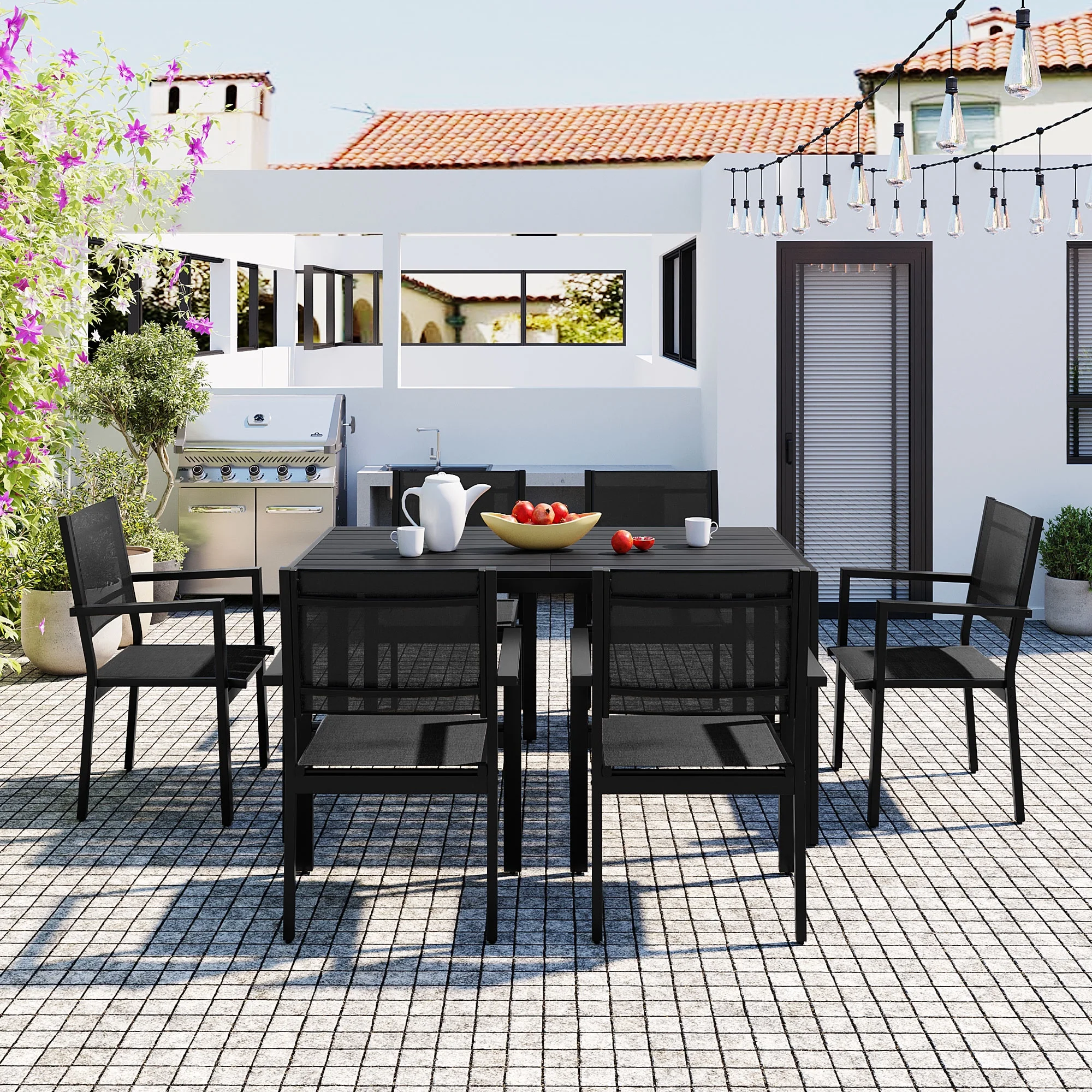 7 Piece Outdoor Dining Set, Patio Dining Table Set for 6 Persons, Garden Patio Textilene Dining Furniture Set with Plastic-Wood Tabletop, Dining Table Chairs Conversation Set for Deck Patio - Image 12