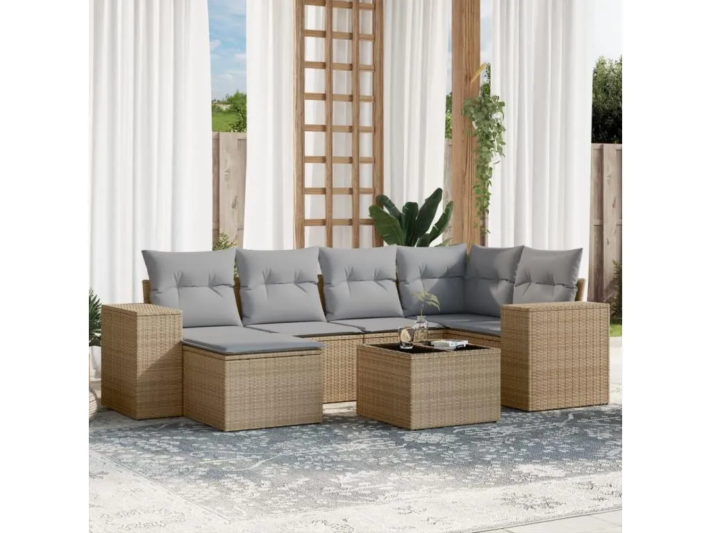 Set sofás de jardín 7 piezas y cojines ratán sintético beige 06296MLYX