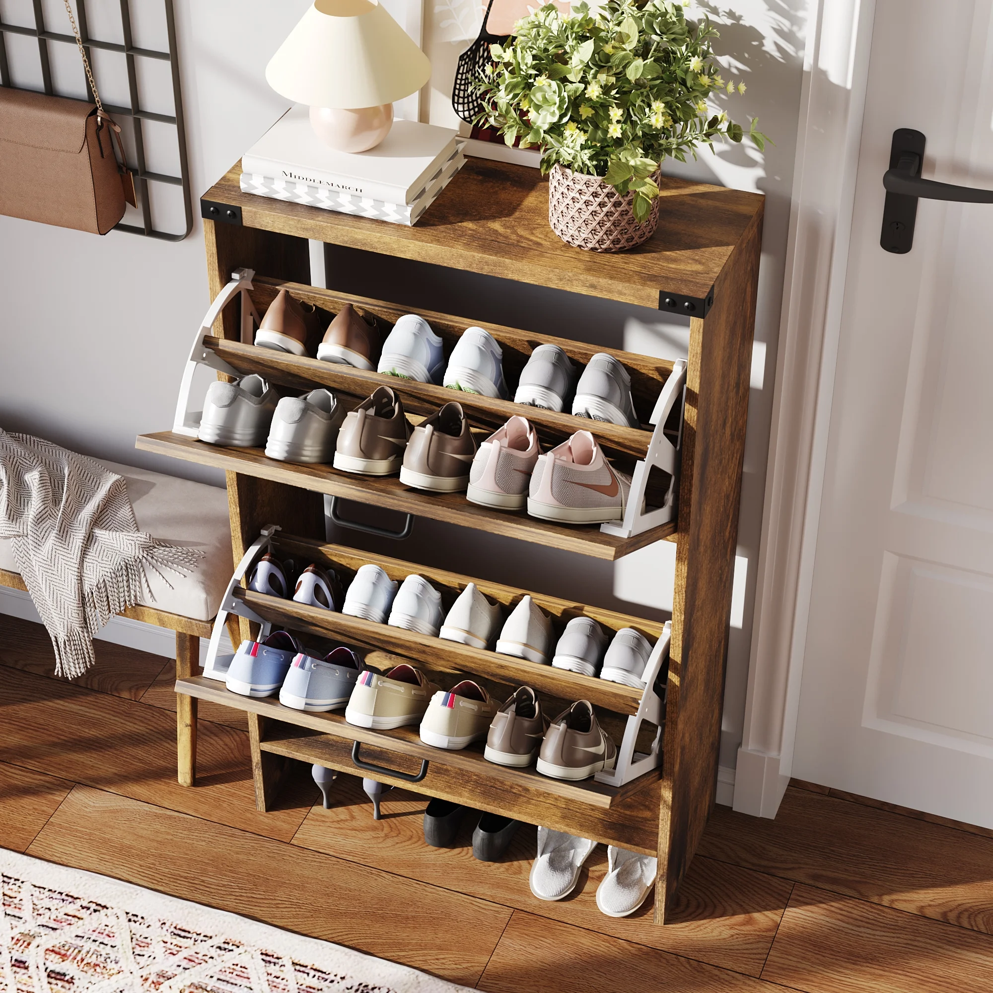 VEANERWOOD Shoes Storage Cabinet With Doors, Farmhouse Shoe Cabinet With 2 Flip Drawers For Entryway,Gray - Image 19