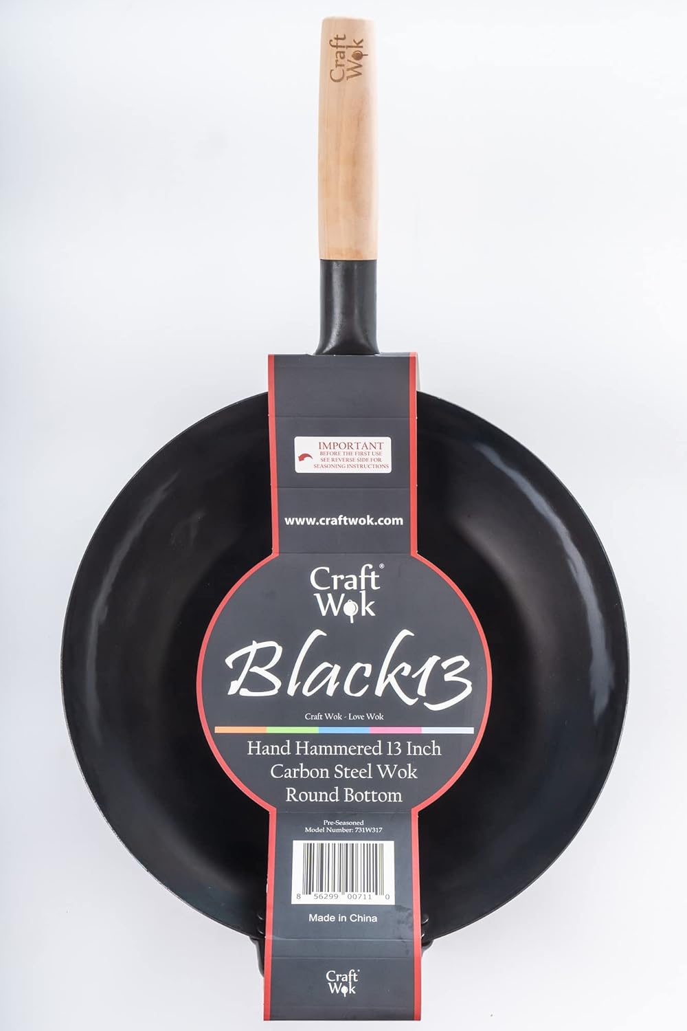 Craft Wok Black13 Pre-Seasoned Hand Hammered Carbon Steel Pow Wok with Wooden and Steel Helper Handle (13 Inch, Round Bottom)