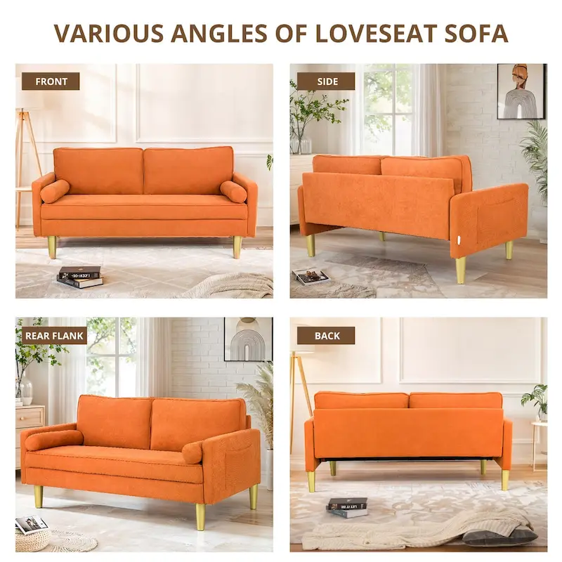 Elegant 65-Inch Orange Polyester 2-Seater Loveseat with Side Pockets and Round Cushions