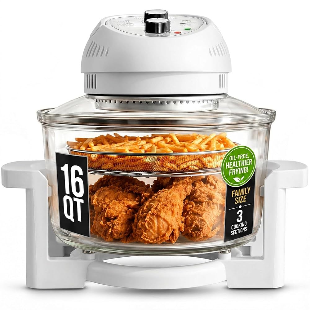 GRANITESTONE 16 Qt Large Glass Air Fryer Non Toxic, White