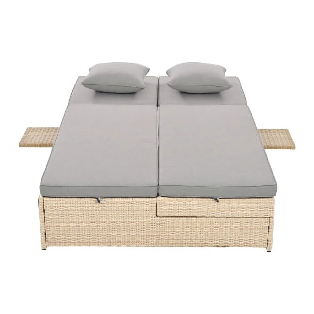 Harper & Bright Designs Rattan Outdoor Double Lounge Chaise 2-Person PE Wicker Outdoor Patio Sunbed with Canopy Cover for Backyard Garden Balcony, Beige+Black - Image 43