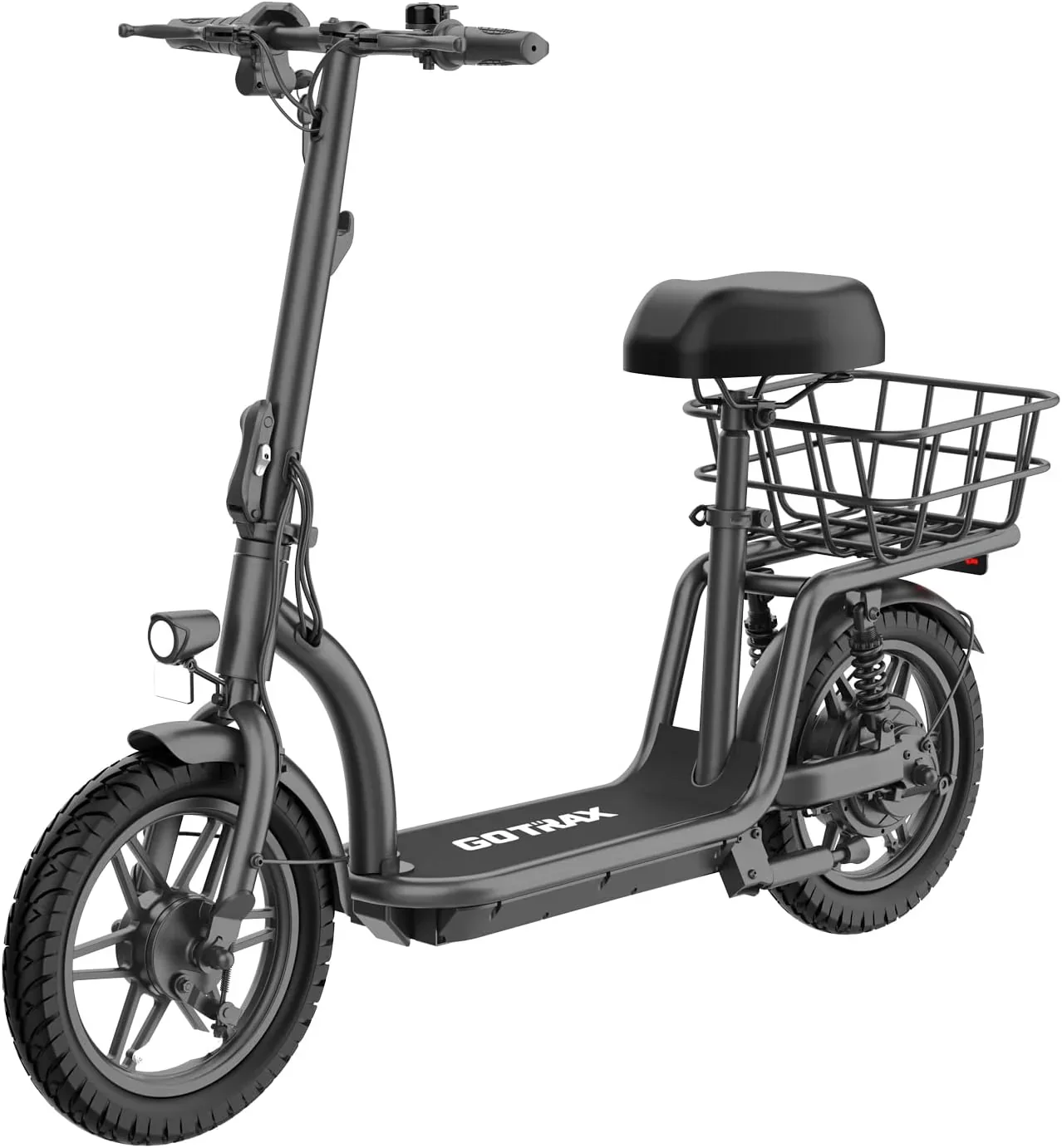 Gotrax adult electric scooter with seat maximum range of 19-25 miles all-terrain tires wide pedals