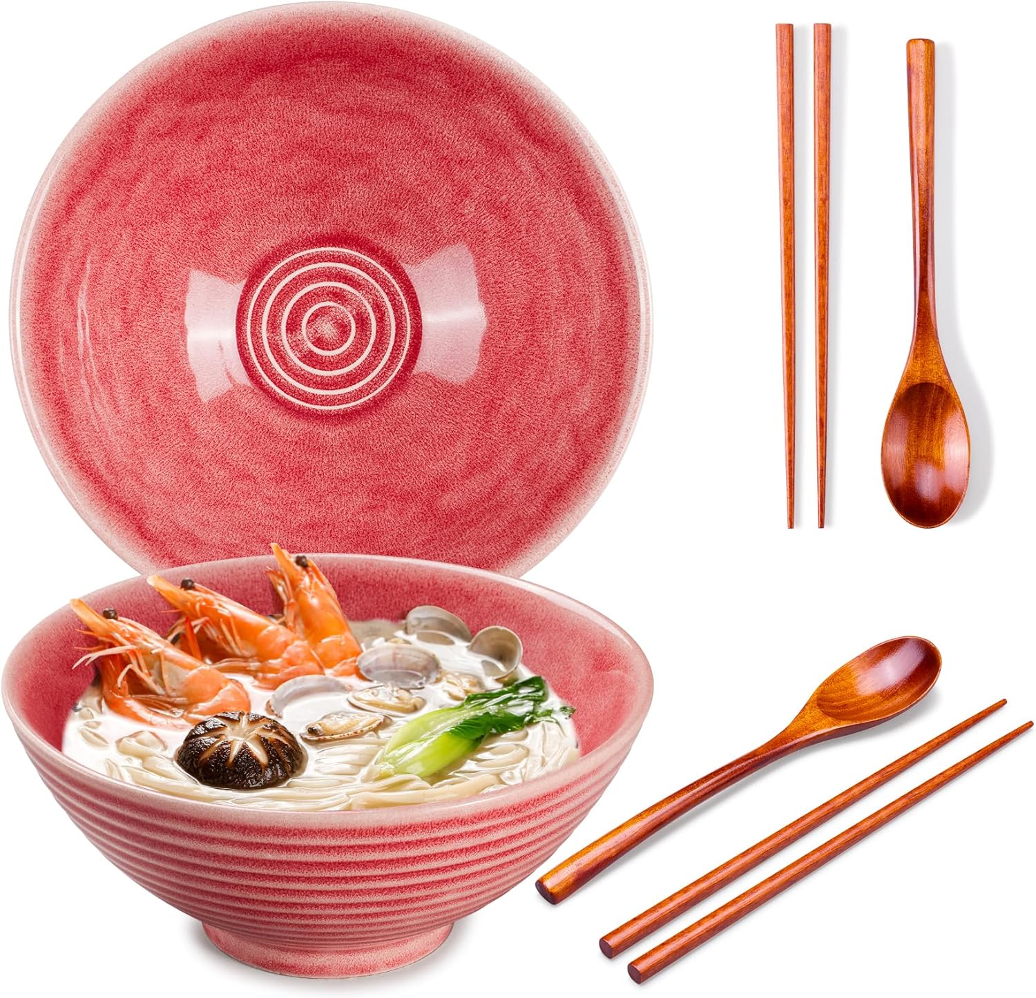 2x Ceramic Ramen Bowls - 40 oz - 20cm - With Spoon and Chopsticks for Ramen Soup Pho Udon Asian Noodles, Large Noodle Bowls (Brown glaze 2 sets)