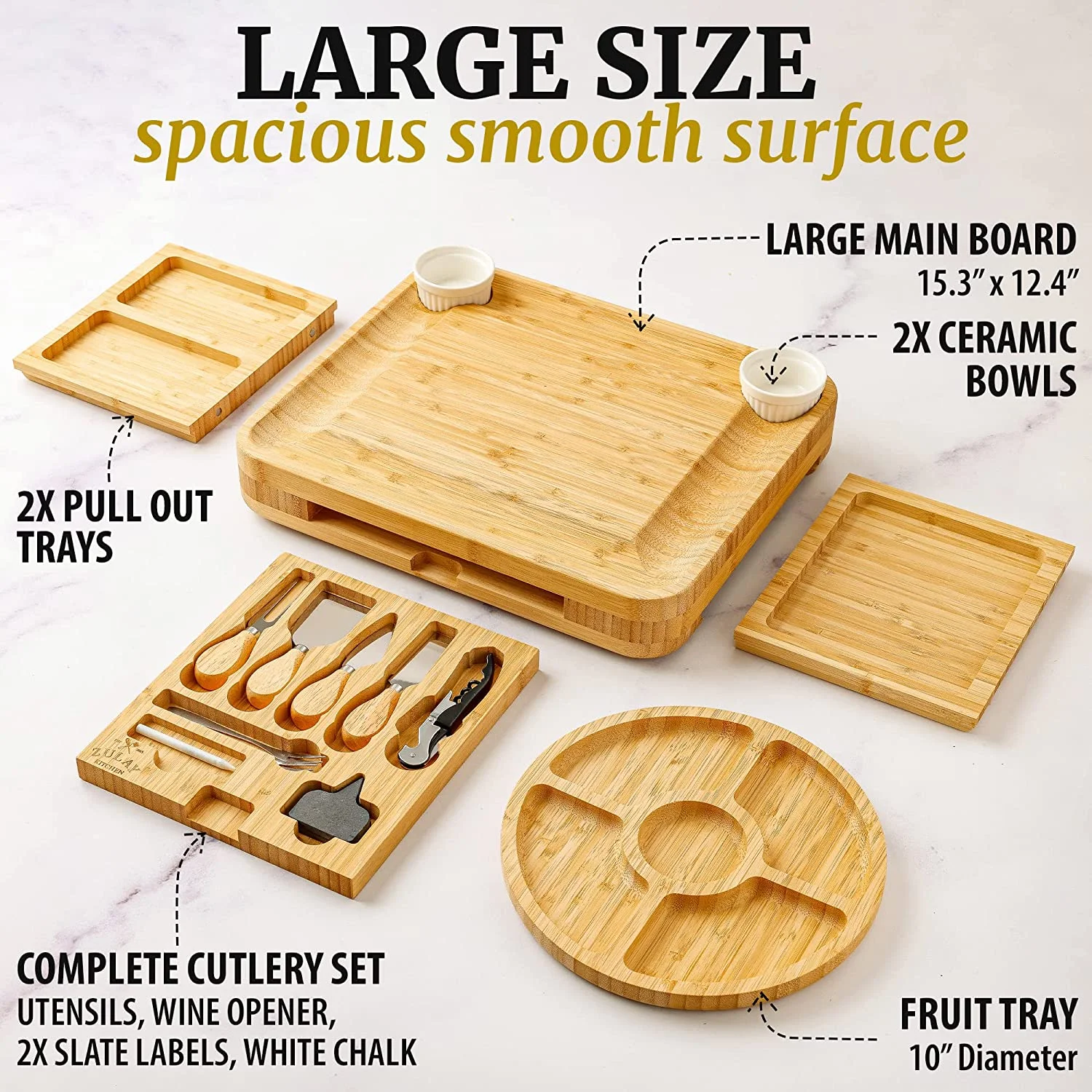 Zulay Kitchen Bamboo Cheese Board Set Extra Thick Charcuterie Board 15 Piece - Deluxe Set - Image 8
