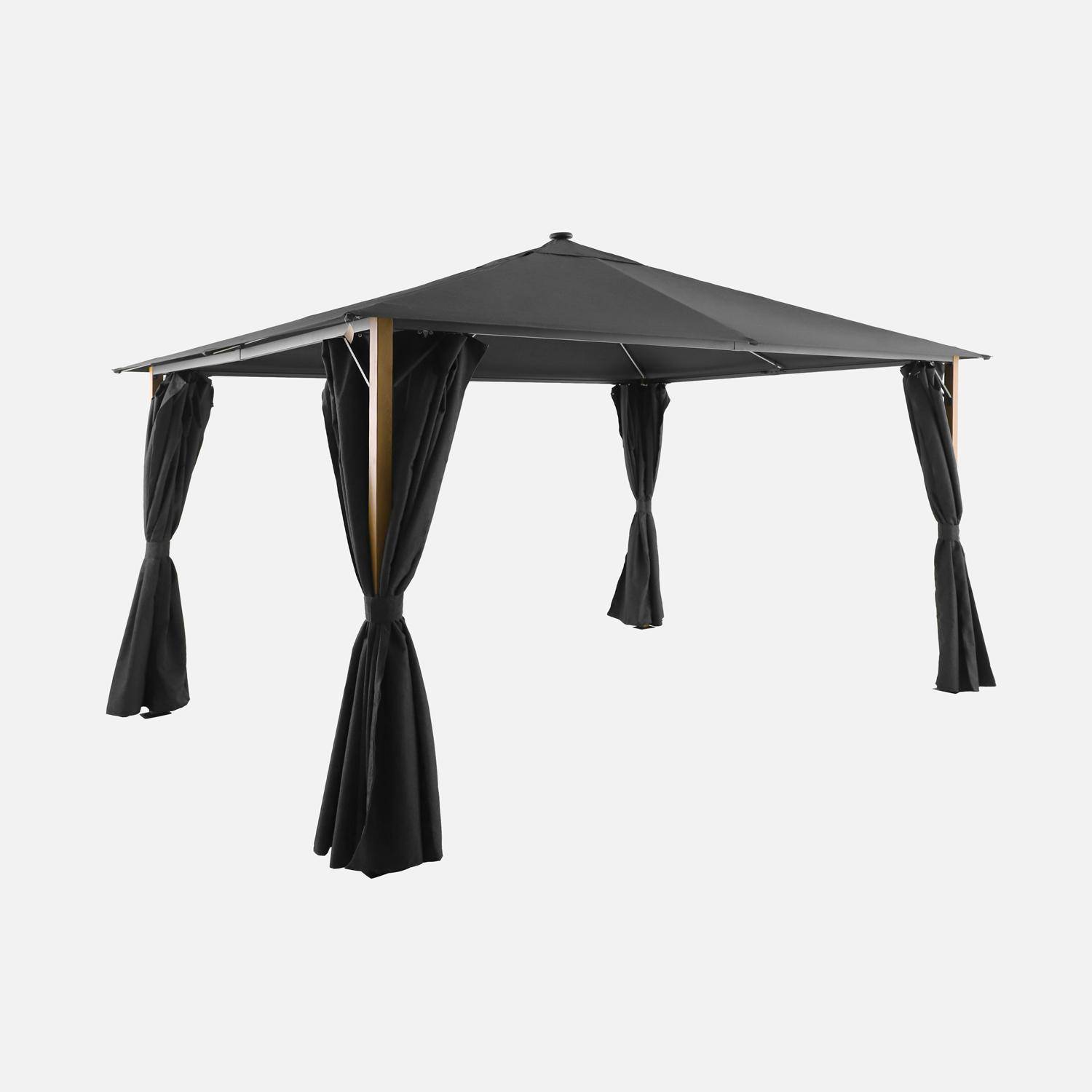 Veluna - Gazebo de jardín 3x4m de aluminio efecto madera con cortinas y led