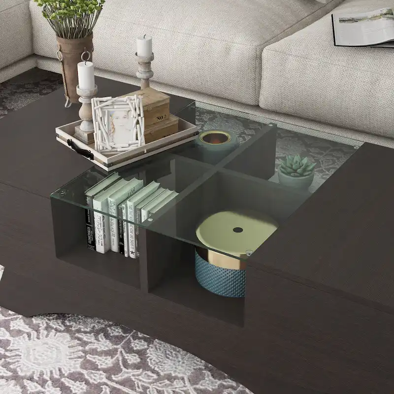 Angelic Contemporary Storage Coffee Table with Glass Insert by Furniture of America