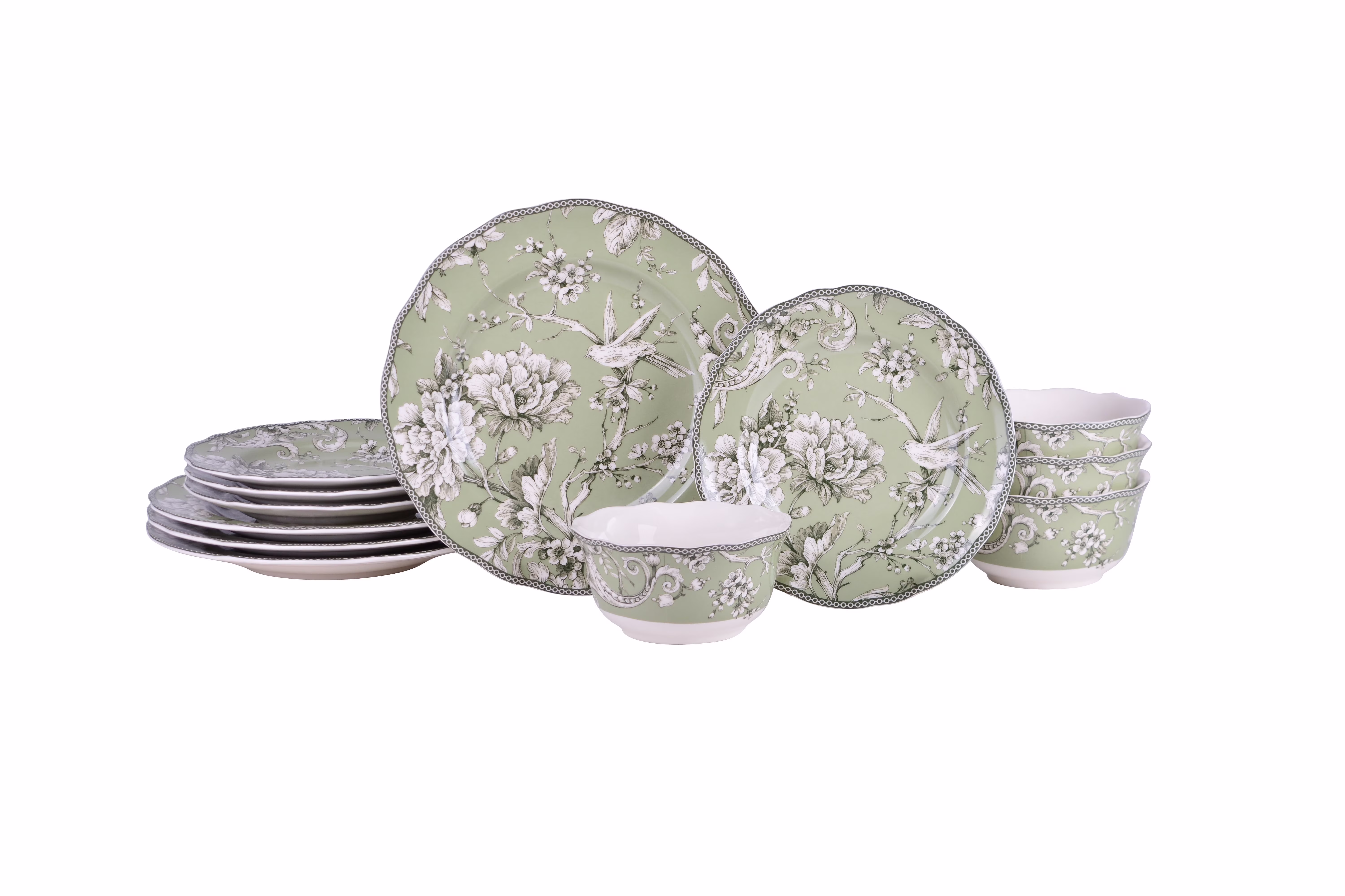 222 Fifth Adelaide Brown on White Porcelain 12 Piece Dinnerware Set, Plates & Bowls, Service for 4 - Image 5