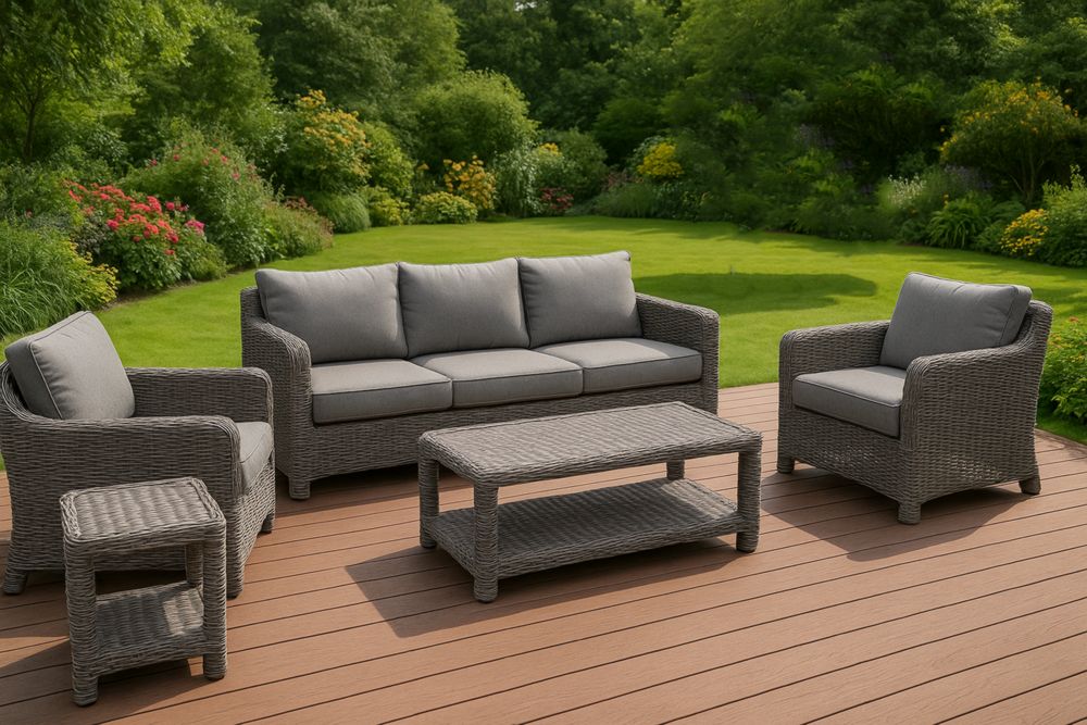 Conjunto de Muebles de Jardín Mimbre Sintético Cojines Grises Sofá Mesa Sillones