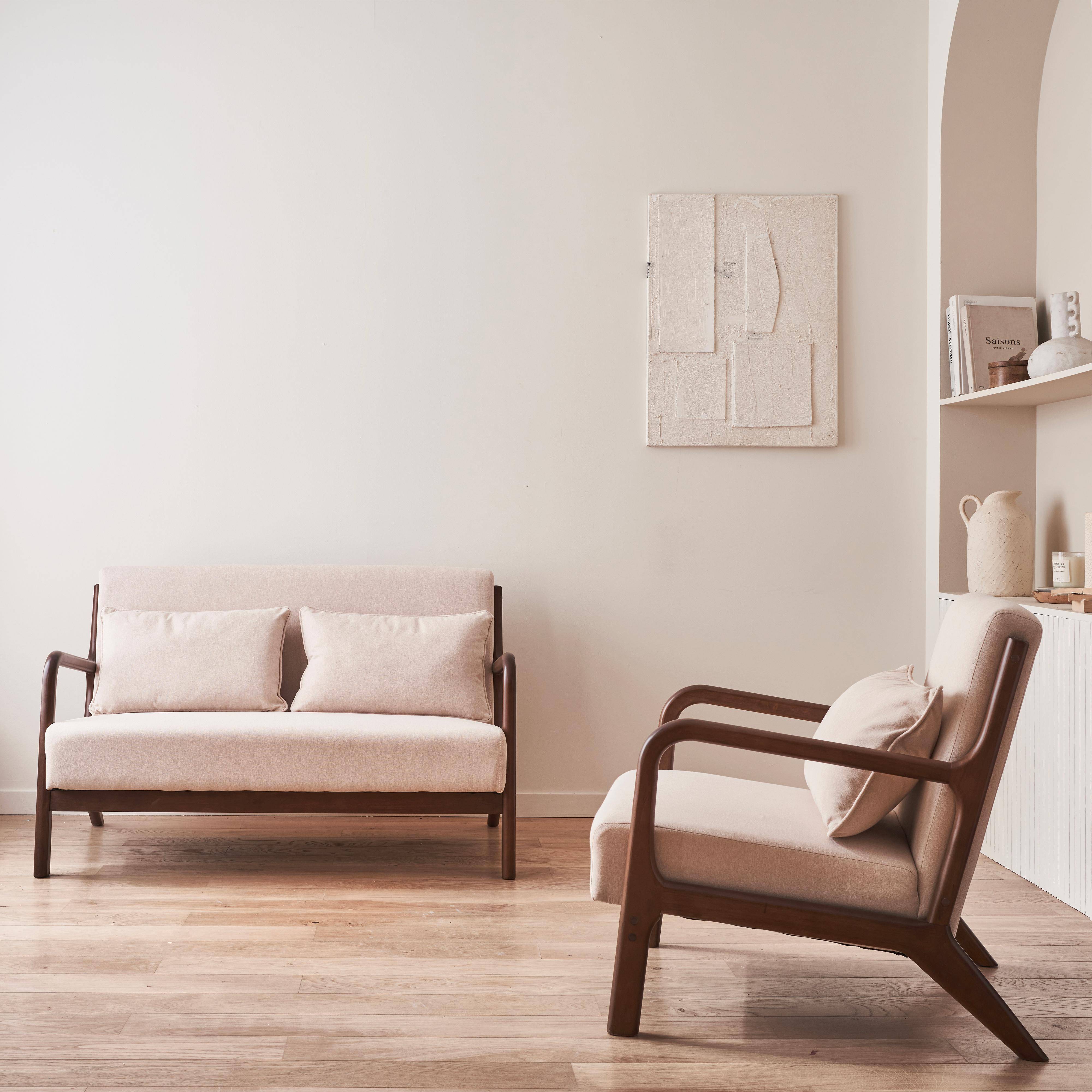 Lorens - Banco de 2 plazas + sillón de tela beige, madera de hevea teñida madera oscura