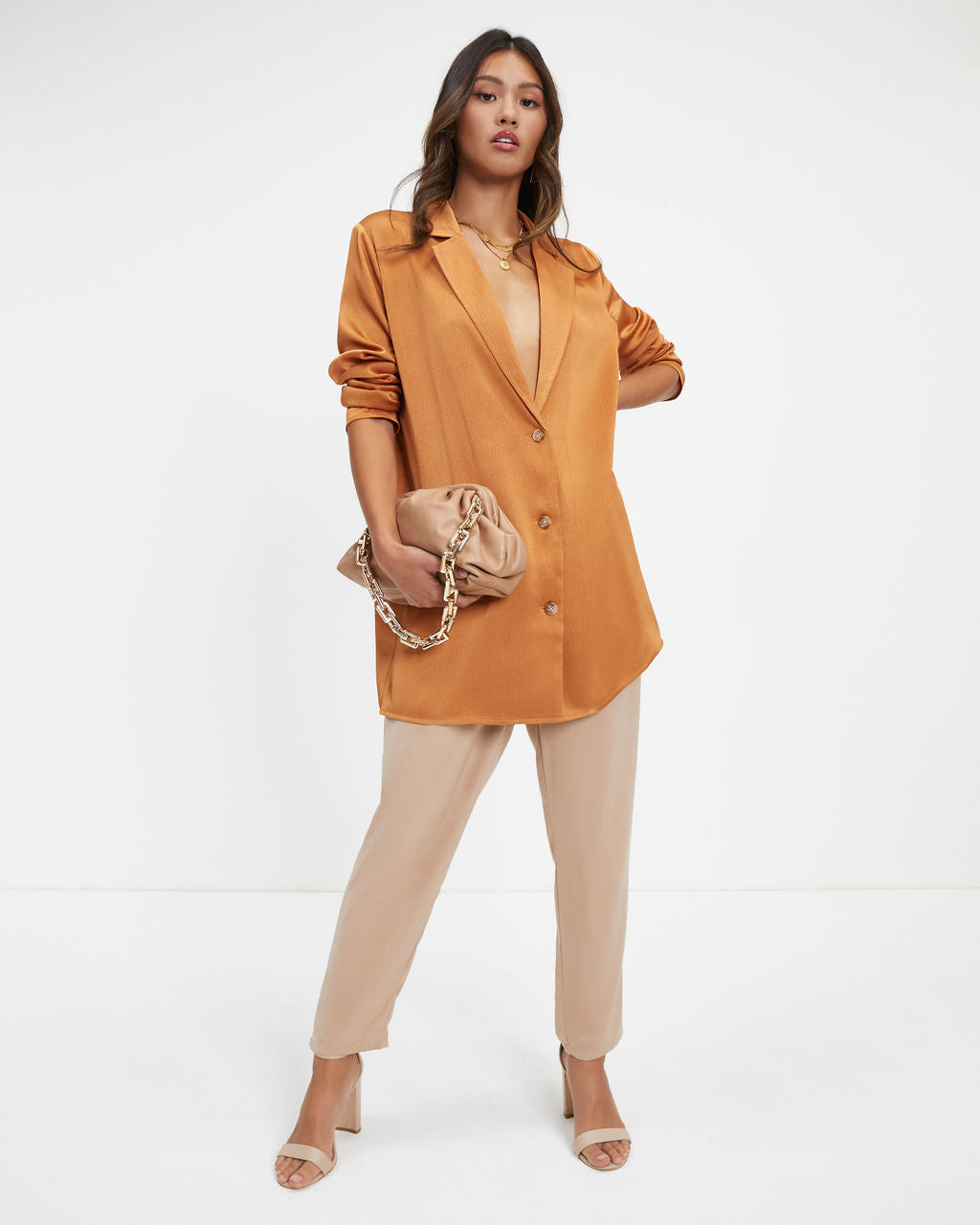 Polished Gal Satin Button Up Top - Copper - Se7enfashion