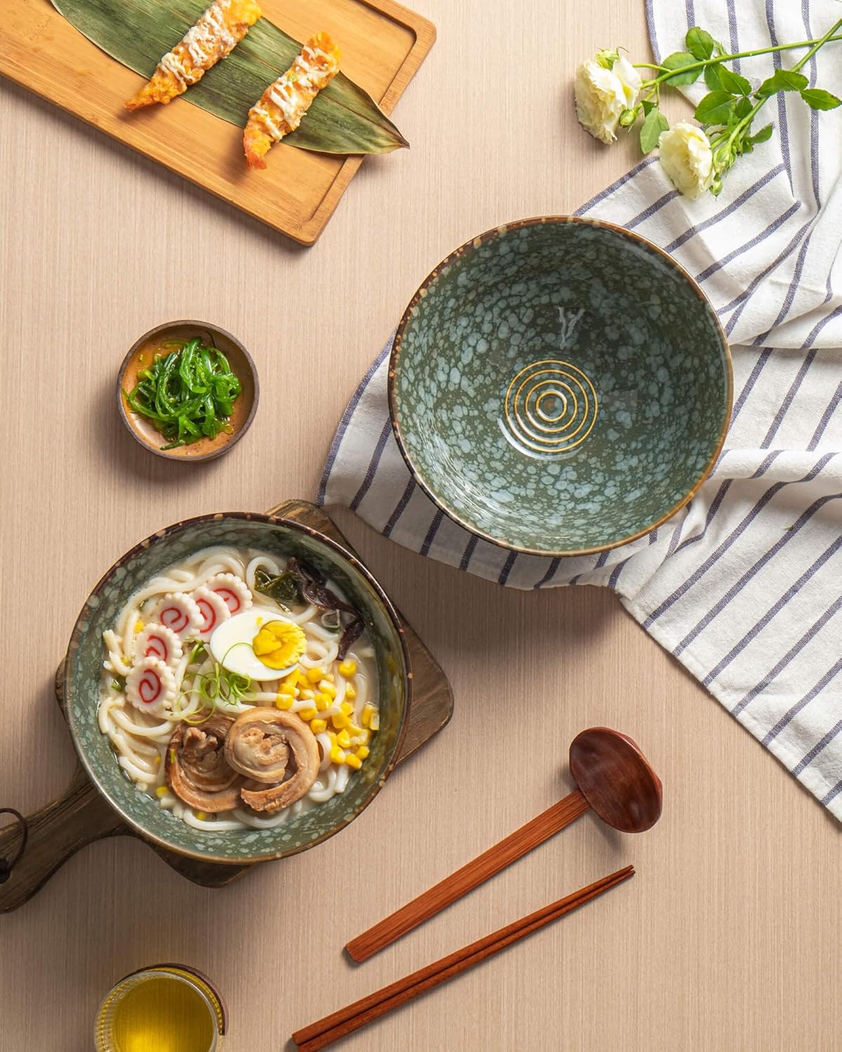 8 Inch 40oz Large Japanese Ramen Bowl Set of 2,Material Safety Ceramic Ramen Bowls with Matching Chopsticks and Spoons, Pho Bowls Ramen Noodle Bowl for Asian Udon Soup Salad Cereal(Green)