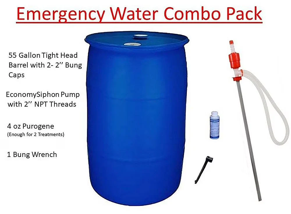 55 Gallon Emergency Water Storage HDPE Barrel Combo Pack - 23 x 23 x 34 in 55 Gallon Emergency Water Storage HDPE Barrel Combo Pack - 23 x 23 x 34 in