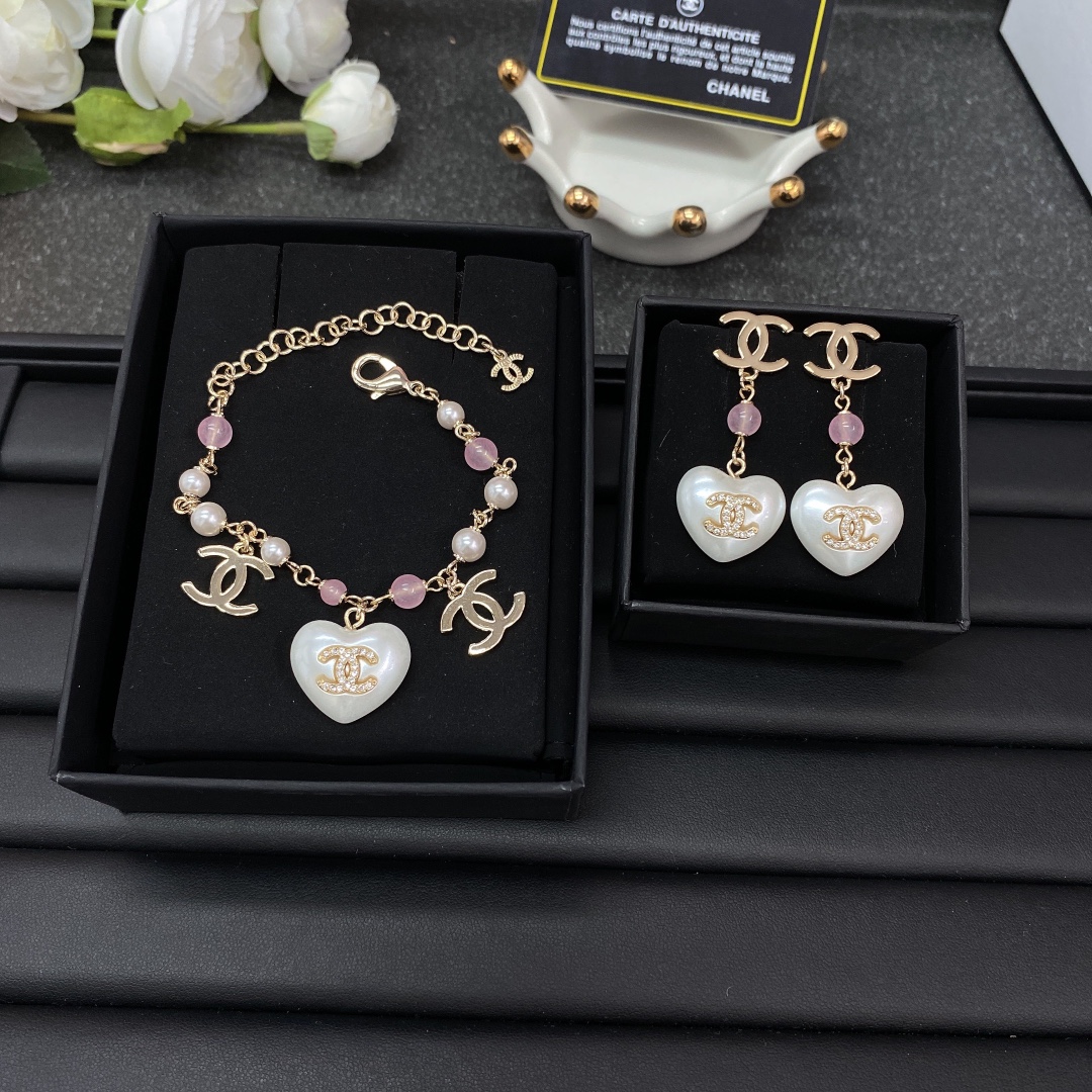 Chanel White Heart Pink Bead Bracelet Earrings - Original Replica Club