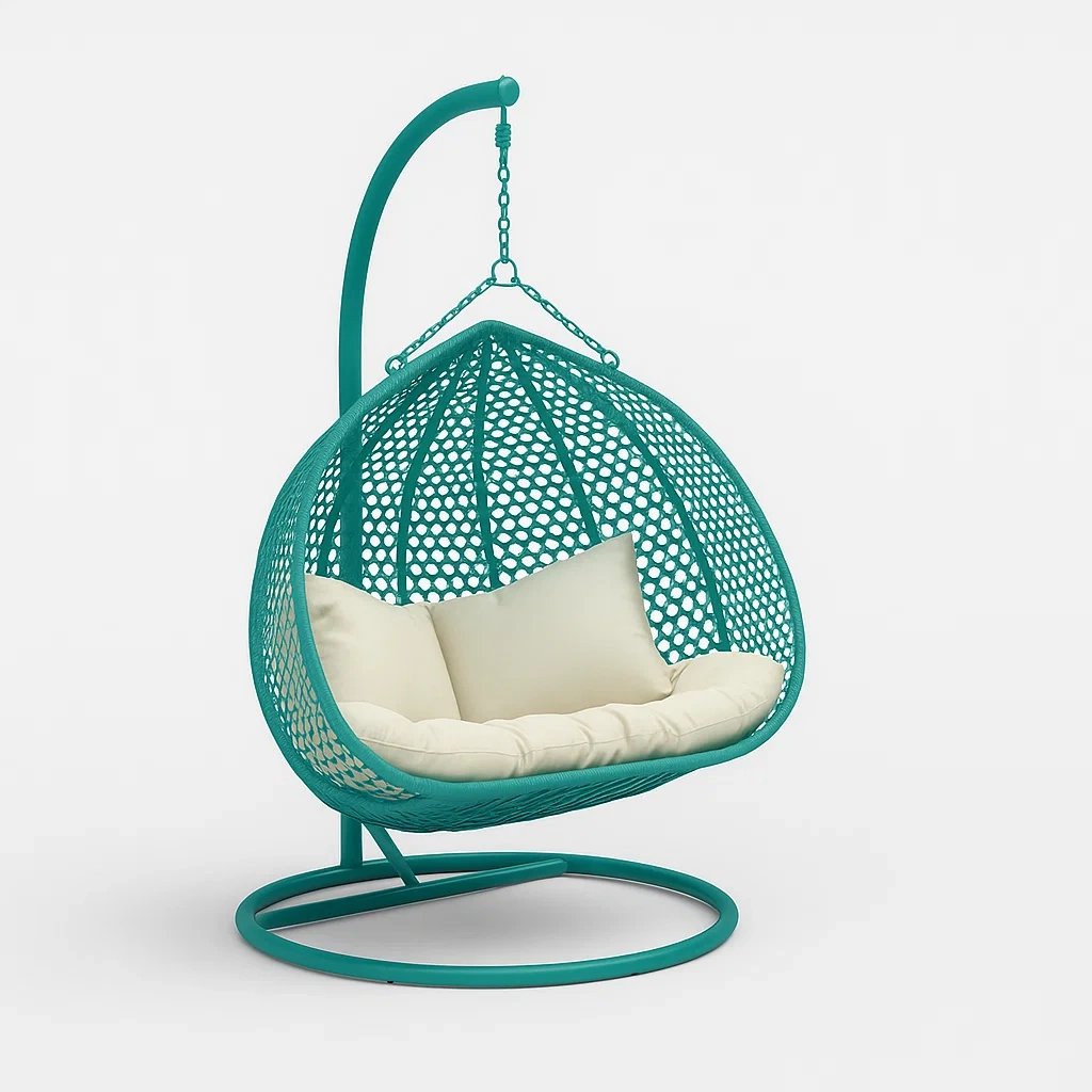 Sillón colgante de 2 plazas de resina trenzada turquesa con cojines beige - qXAHvlz243Dk