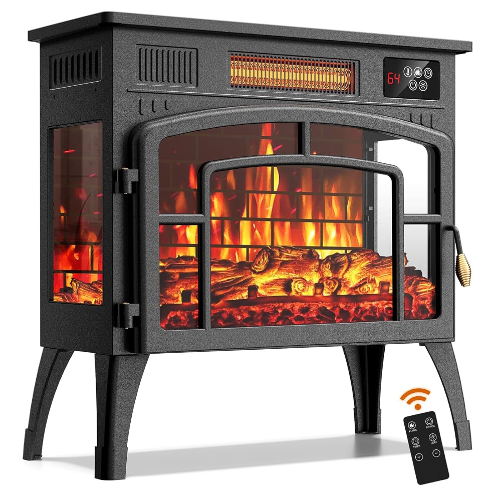 Kucreiheat Electric Fireplace Heater 23" w/Remote, 3D Flame Effects, 750/1500W Electric Heater Fireplace w/Timer, Overheat Protection, Energy Saving Electric Fireplace Stove for Indoor Use, Black