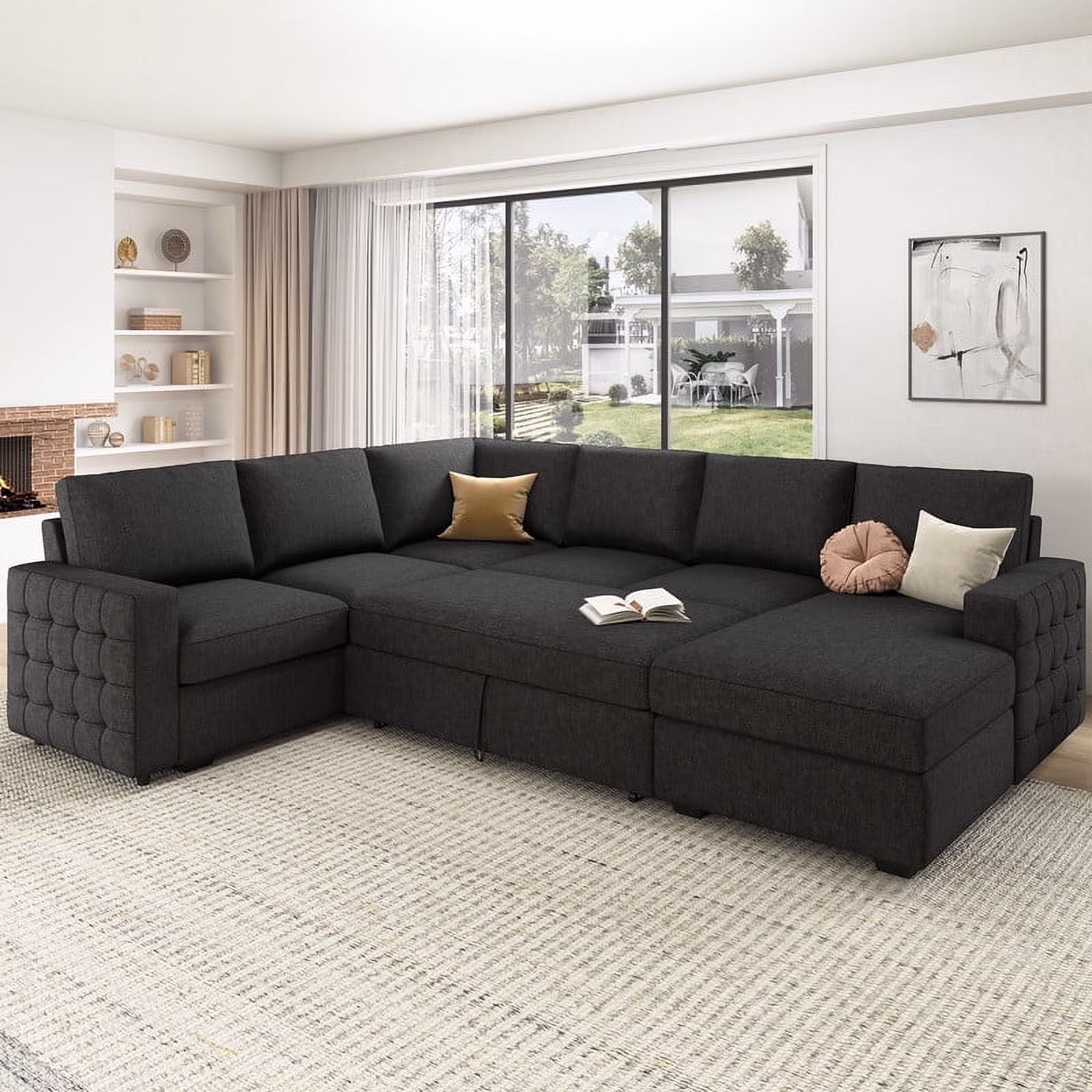 HONBAY Modular Sectional Pull-Out Sofa Bed with Storage Velvet U-Shaped Convertible Sleeper Sofa for Living Room, Blue - Image 5
