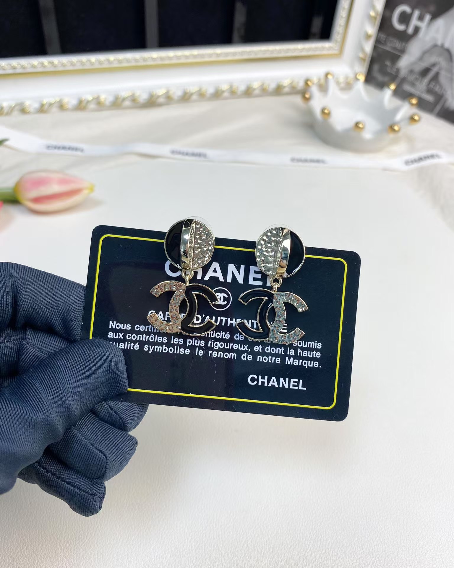 Chanel Half Black Enamel Double C Dangle Earrings - Original Replica Club
