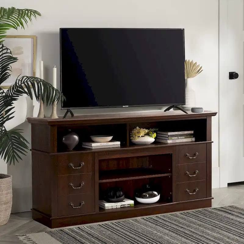 60-Inch Retro TV Stand Entertainment Center with 2 Cabinets and Open Shelves - Dimensions: 60W x 15.75D x 34.25H