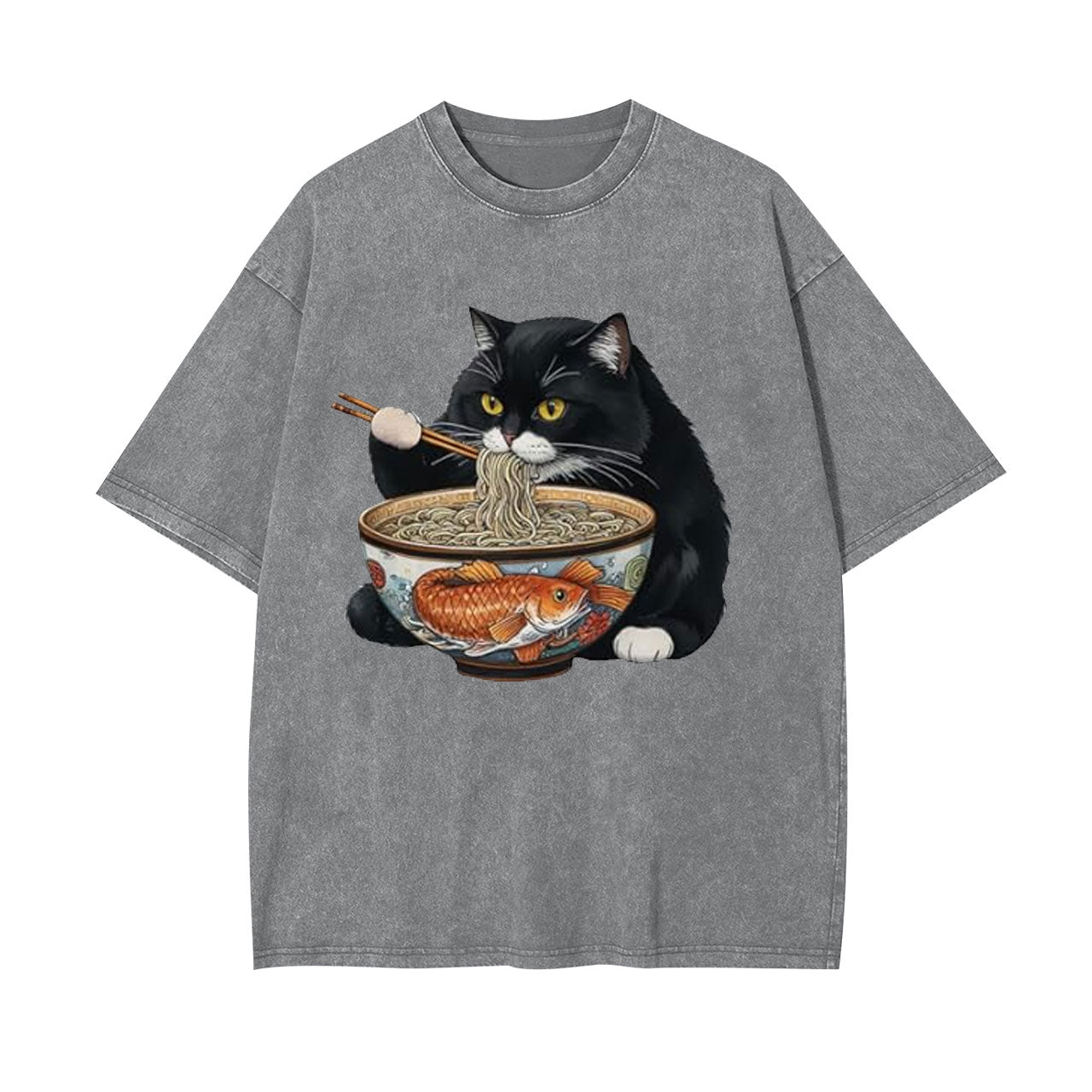 FAT CAT EATING RAMEN WASHED T-SHIRT