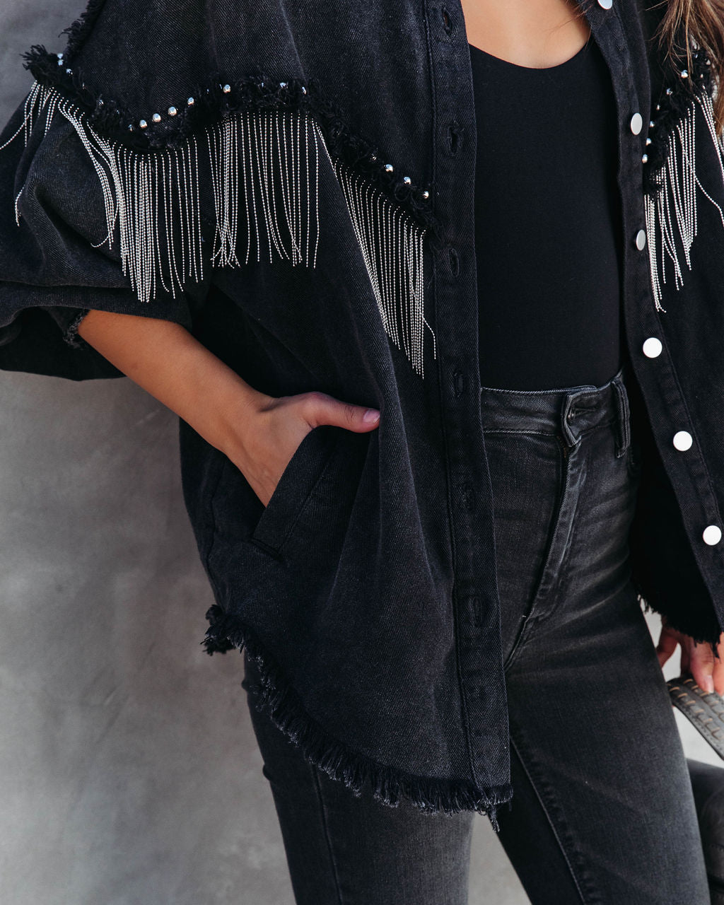 Knightly Pocketed Studded Fringe Lightweight Jacket - Black - Se7enfashion