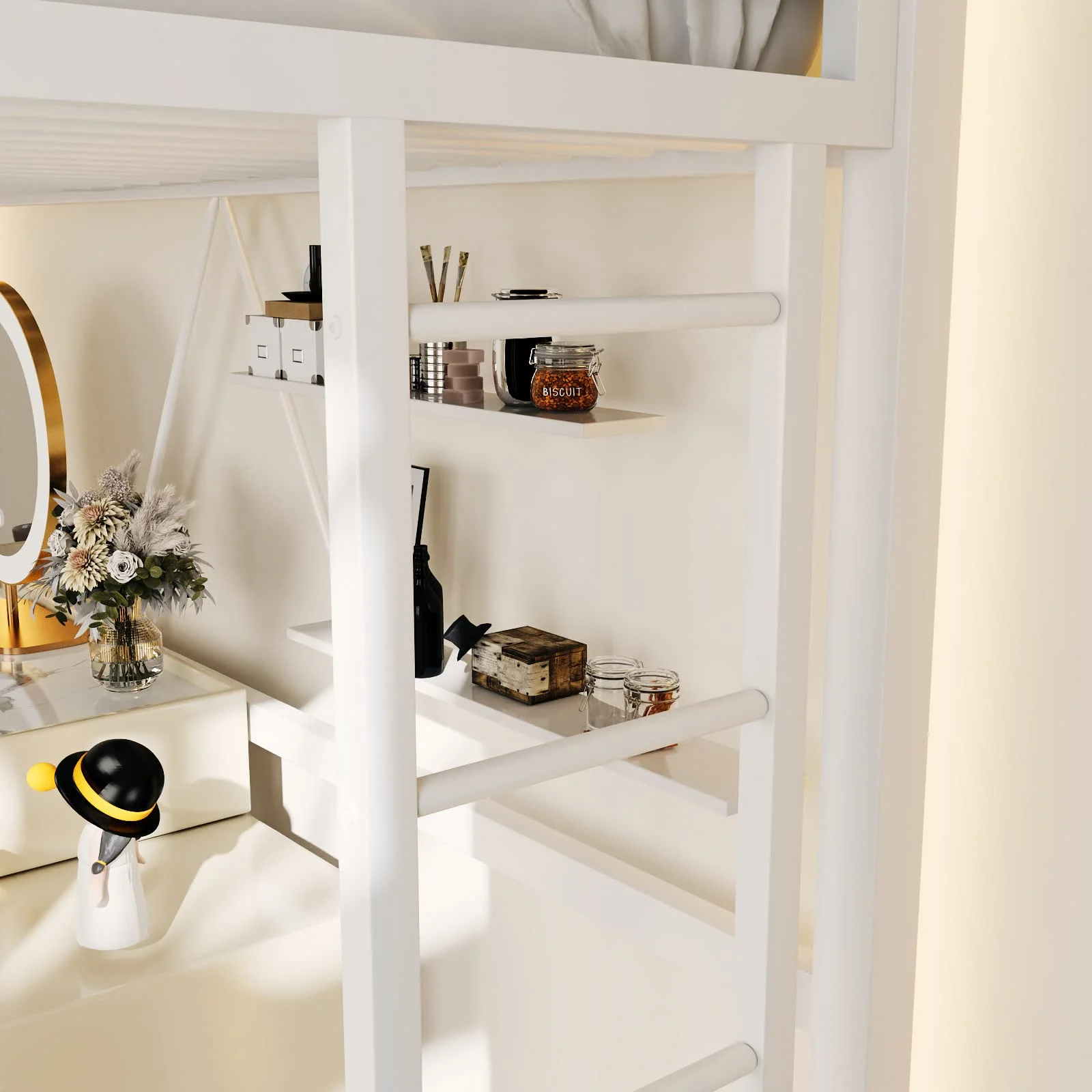 Einfach Metal Twin Size Loft Bed with Removable Ladder & Full-Length Guardrail, White - Image 6