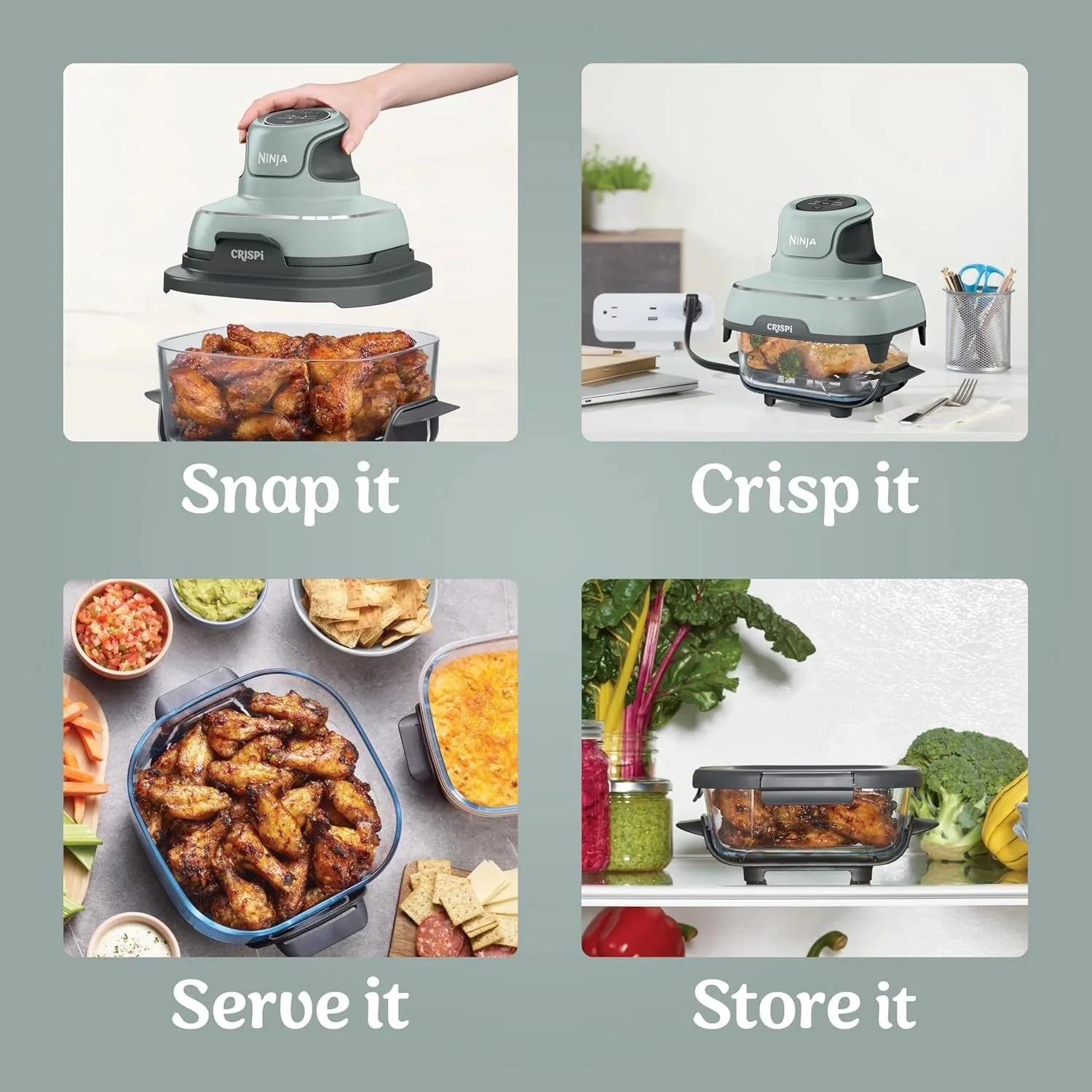 Ninja Crispi 4-in-1 Portable Glass Air Fryer Cooking System, 1500W, 4QT & 6-Cup TempWare Glass Containers with Storage Lids, Microwave, Freezer & Dishwasher Safe