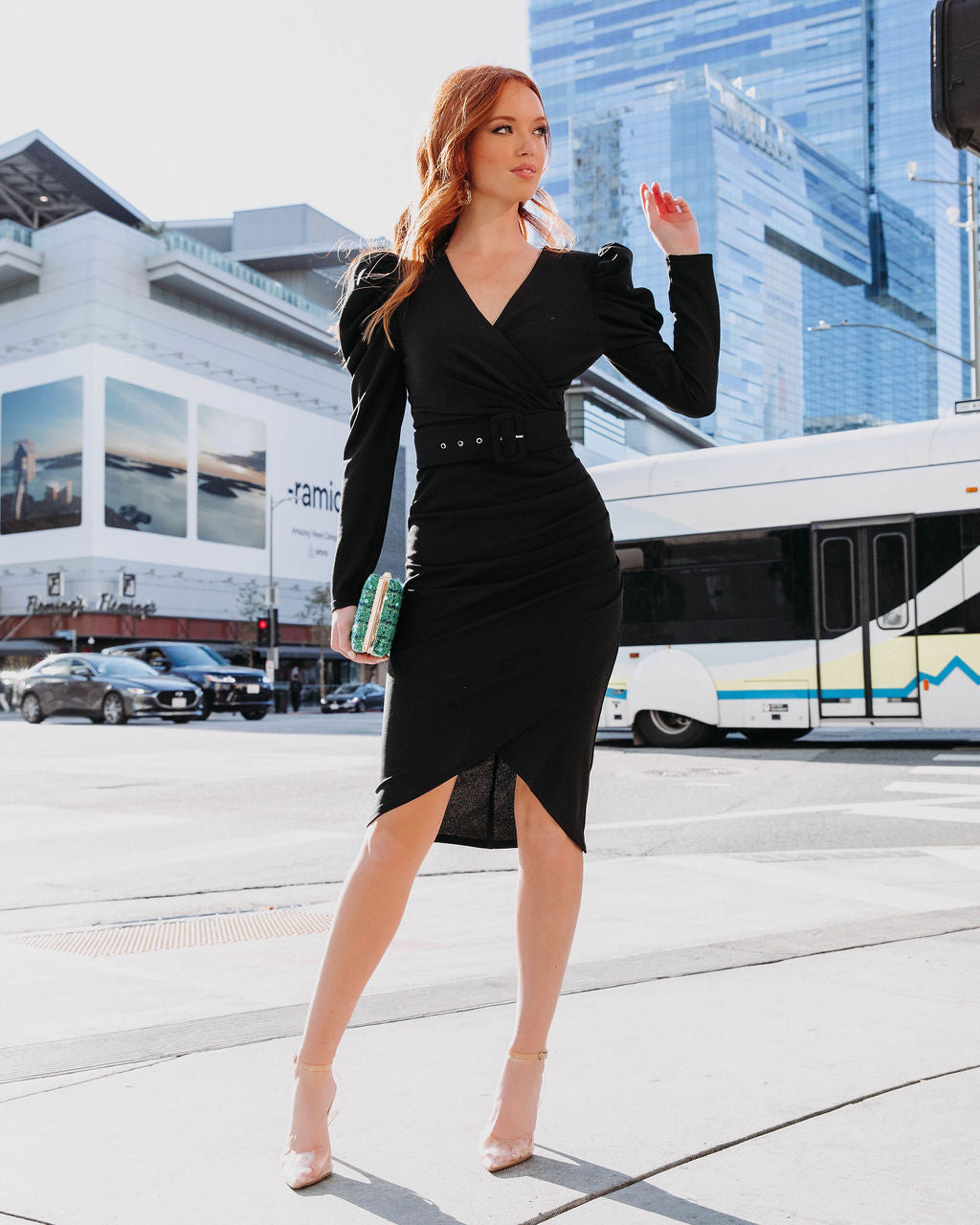Certified Socialite Draped Puff Sleeve Belted Midi Dress - Black - Se7enfashion