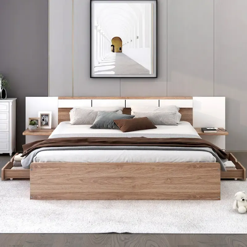 Natural Queen Size Platform Bed with Headboard, Storage Drawers, Shelves, USB Ports, and Outlets