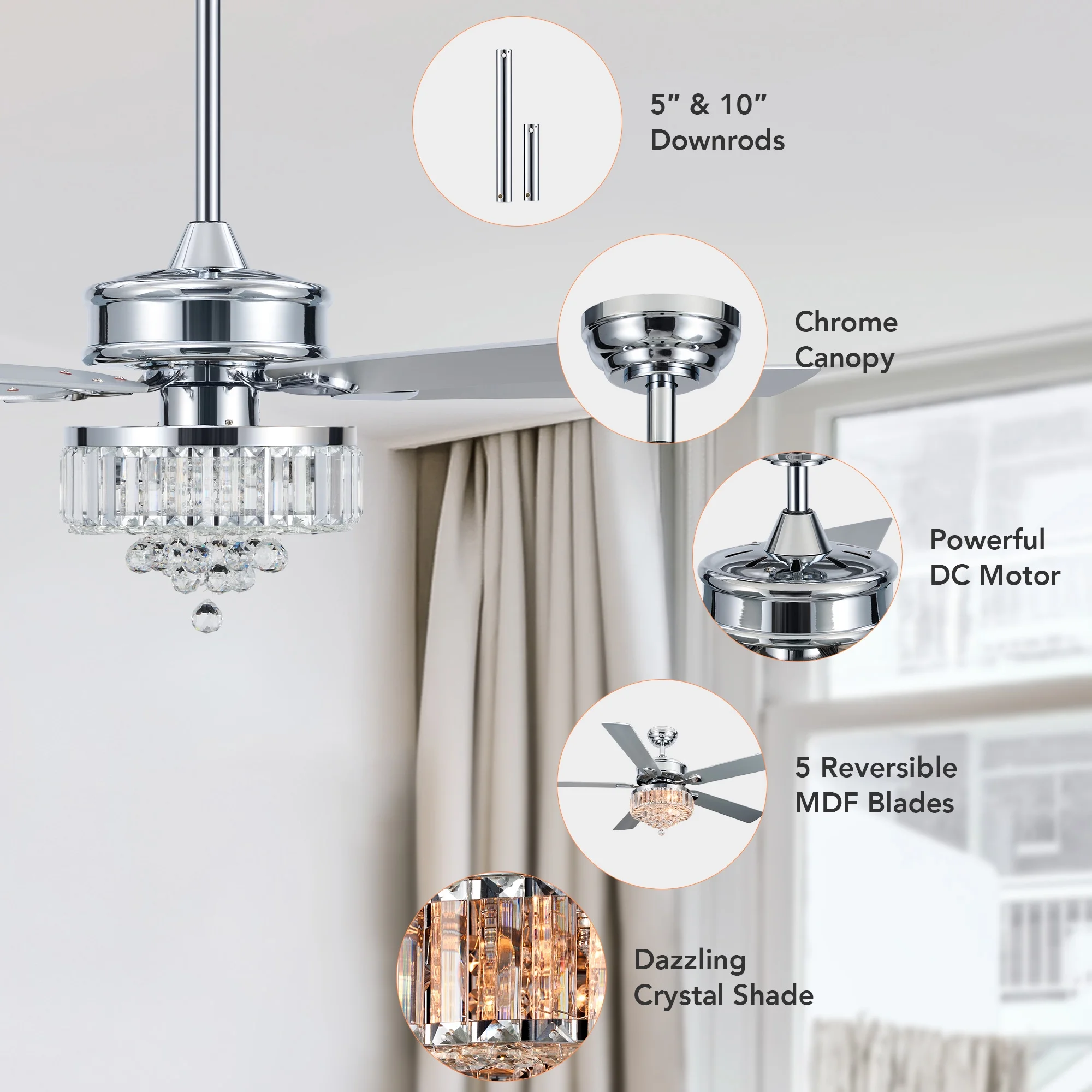Bestco 52" Chandelier Crystal Ceiling Fan with Light 6 Speeds 5 Dual Sided Blades Chrome - Image 9