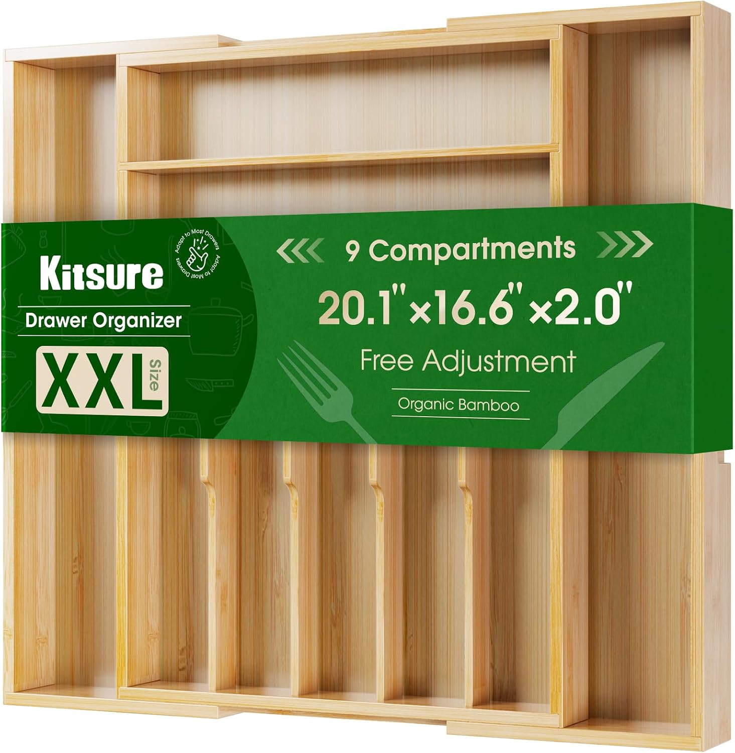 Kitsure Silverware Organizer - Expandable Bamboo Kitchen Drawer Organizer for Cooking Utensils and Cutlery, Sturdy & Thickened Kitchen Organizers and Storage Solution, Large, Natural
