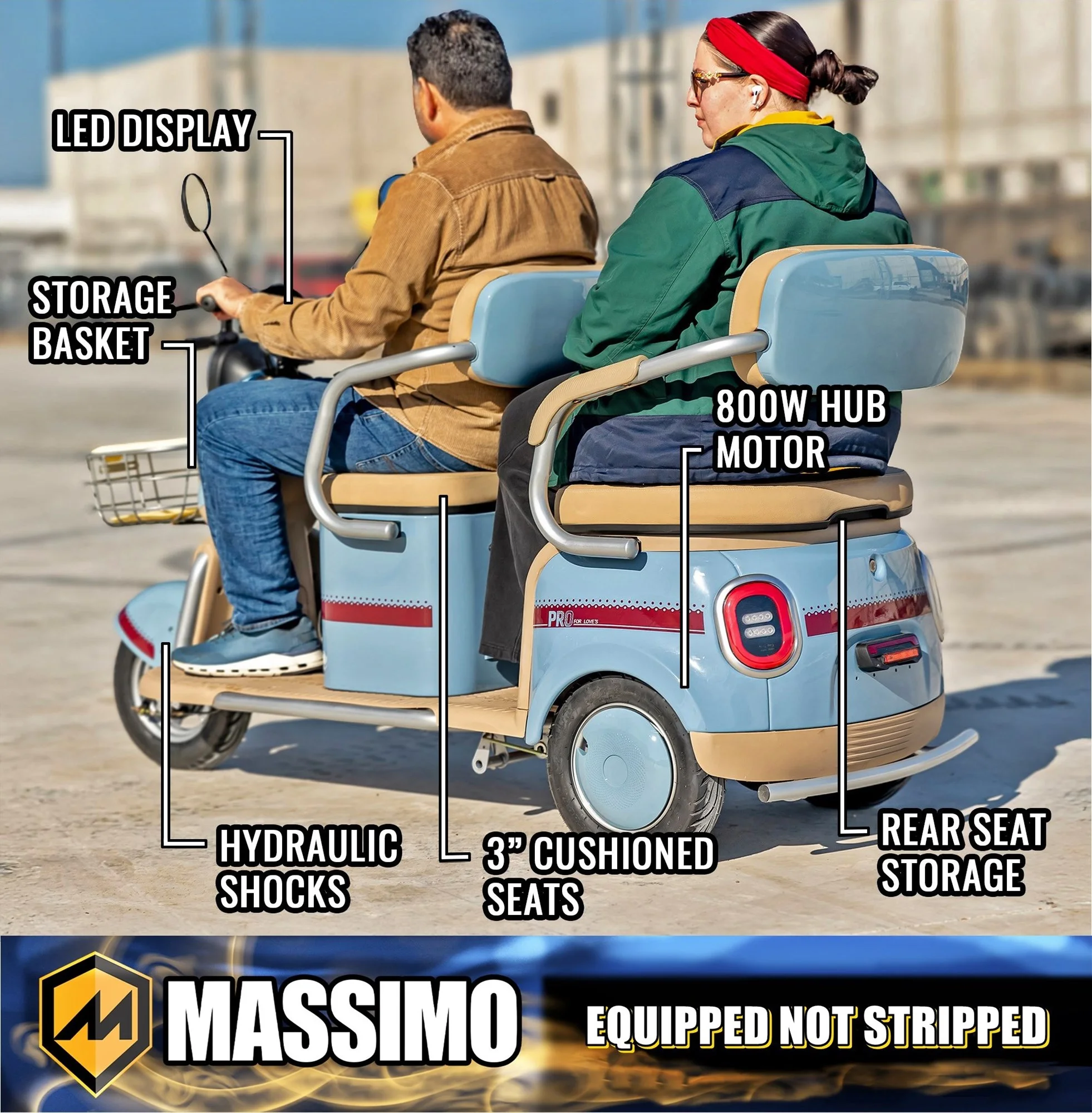 Massimo MGC E-Trike 3-Wheel Electric Cart – 17 MPH, 2-Seater Adult Scooter – Blue - Image 7