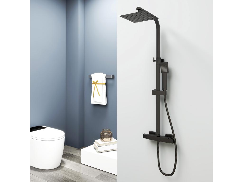 Aica columna ducha negro mate con cuadrados termostato 38℃ barra 800-1200mm alcachofa ducha lluvia