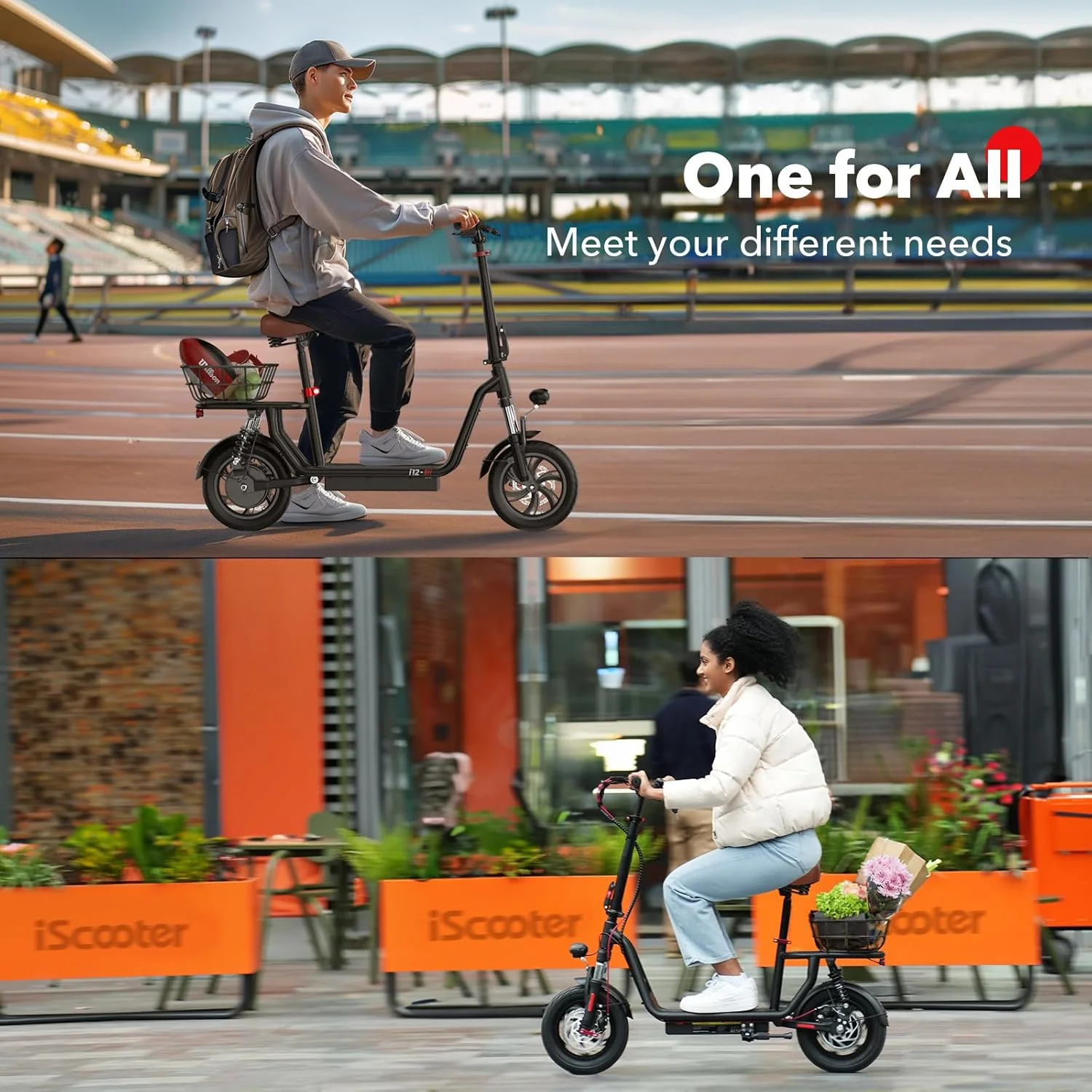 iScooter electric scooter with seat, 37/21 mile range, 28/19/15.6 mph top speed, dual suspension scooter with basket