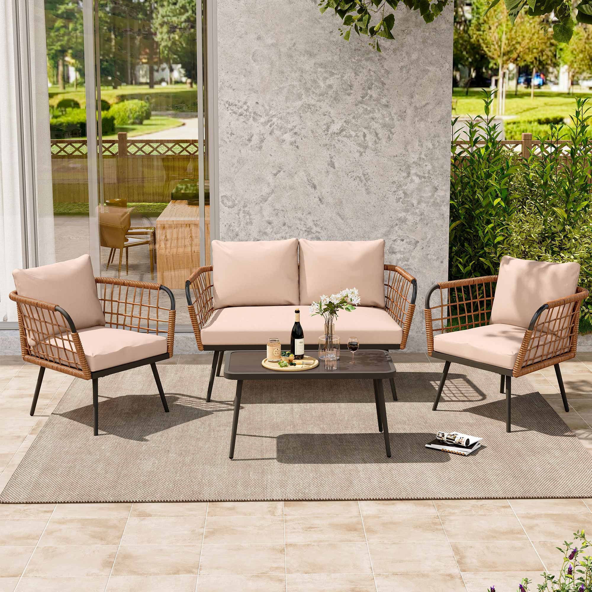 LAUSAINT HOME 4 Pieces Outdoor Conversation Sets, Patio Metal Frame Sofa with Wood Loveseat and Coffee Table, Beige Cushions - Image 2