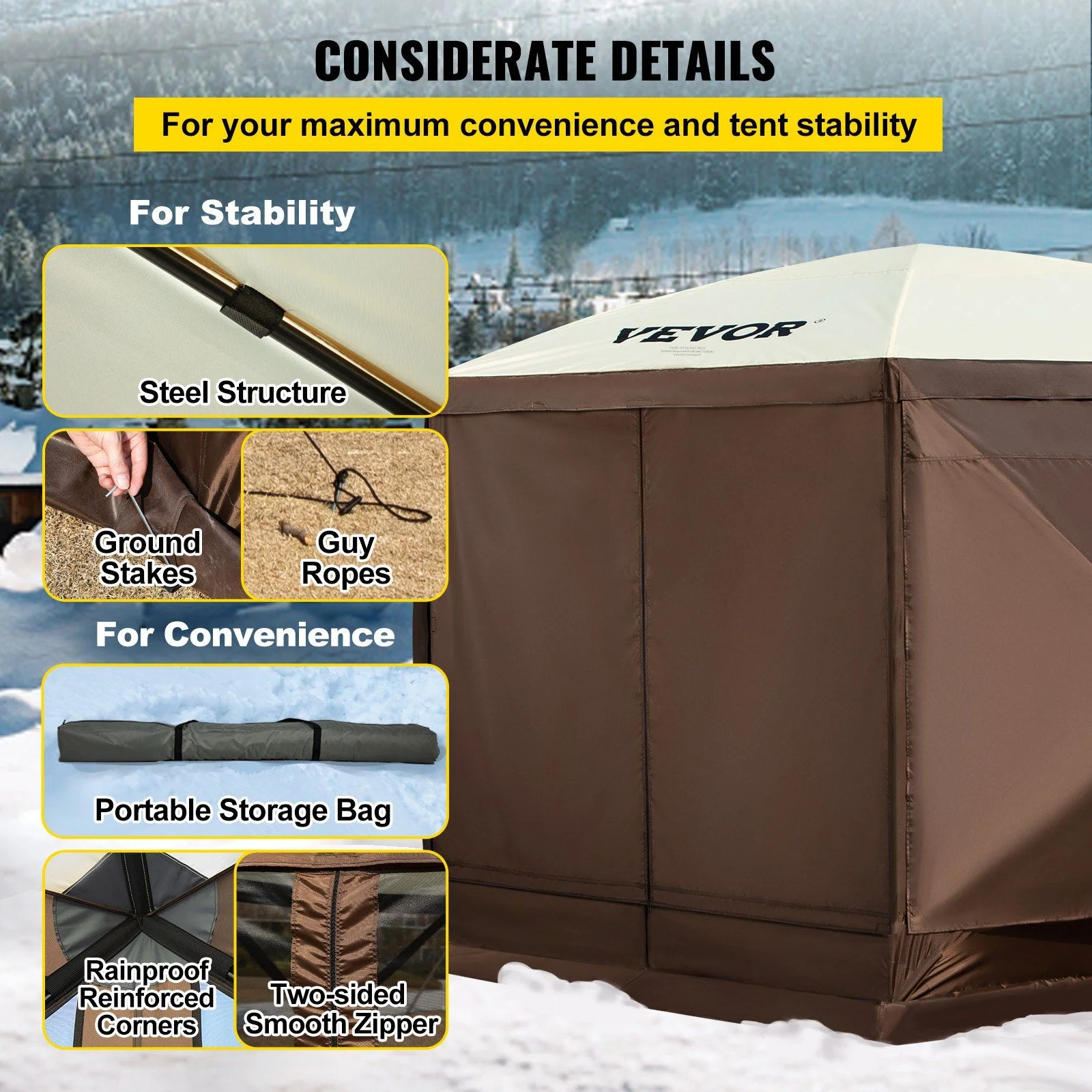 Quick Setup 12x12 Foot Gazebo Tent, 6-Sided Canopy with Mesh Screens & Carry Bag -?Sun Shade Shelter for Outdoor Events, Backyard, Picnic (Beige/Brown) - Image 6