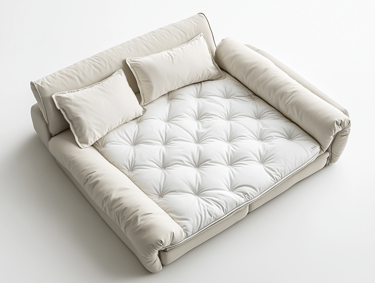 Sofá cama tapizado en tela poliéster color crema estructura madera 200x140 cm