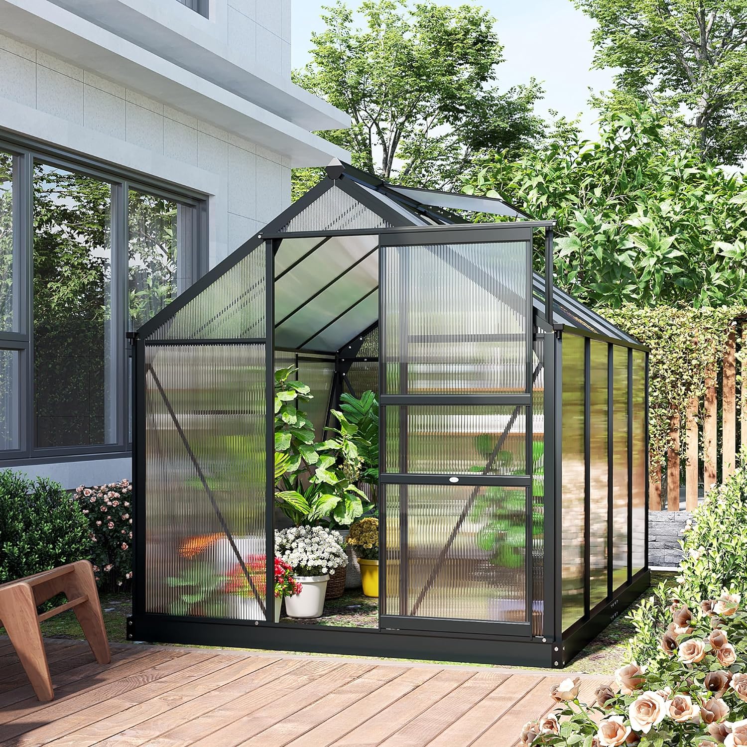 WAYFAIR Outsunny 6 X 8Ft Polycarbonate Greenhouse, Large Walk-In Green House With Slide Door And Window, Garden Plants Grow House With Aluminium Frame And Foundation, Grey