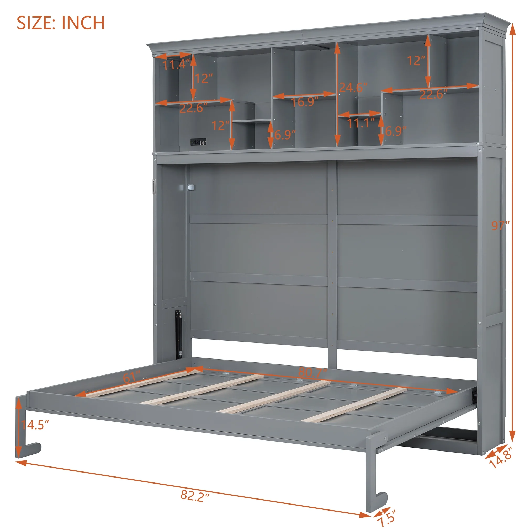 Queen Size Murphy Bed Wall Bed with Top Shelves & USB Charging, Space-Saving Cabinet Bed with Flexible Slats, Gray Modern Foldable Bed - Image 12