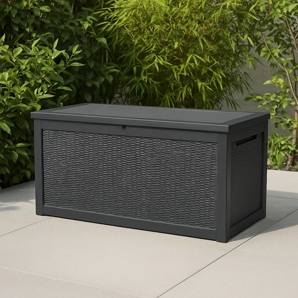 Baúl de jardín,color negro,estructura de resina,uso exterior,121x41x65 cm