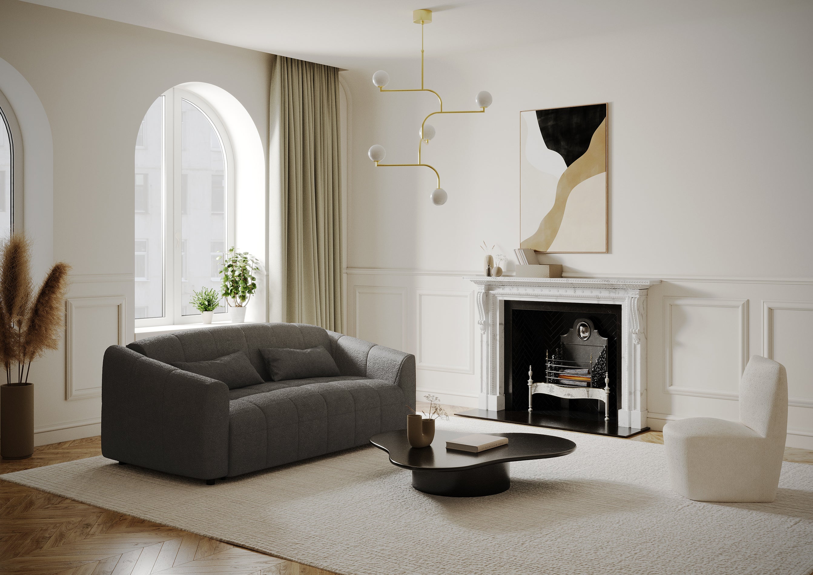 Rechte bank NORA 3 personen Bouclette stof Grafiet grijs