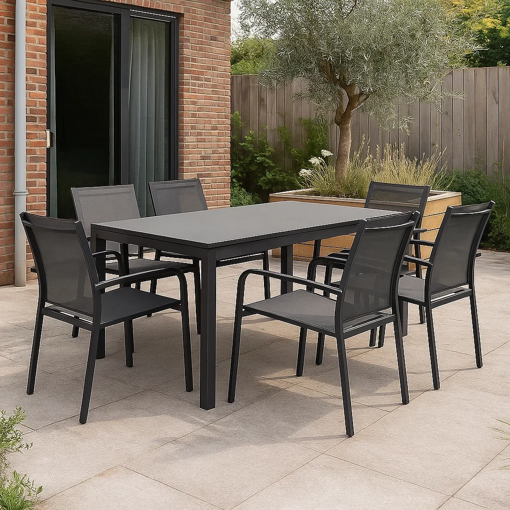 Conjunto de comedor de jardín para 6 personas, estructura de metal y textileno, 6 sillas, 1 mesa, Negro - bJNVXoL195qU
