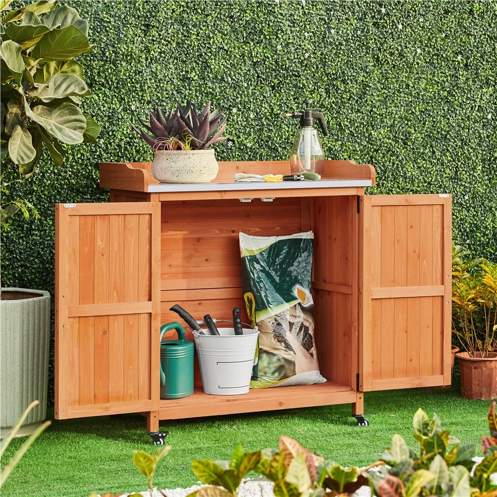Renwick Garden Potting Bench Table with Cabinet, Brown - Image 5