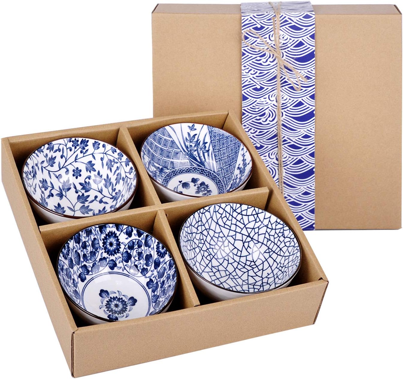 VanEnjoy Set of 4 Japanese Style Ceramic Rice Bowl with Gift Box,Blue and White Pattern Bowls Set,Underglazed Dinnerware, For Dessert Snack Cereal Soup Portion Control Bowl