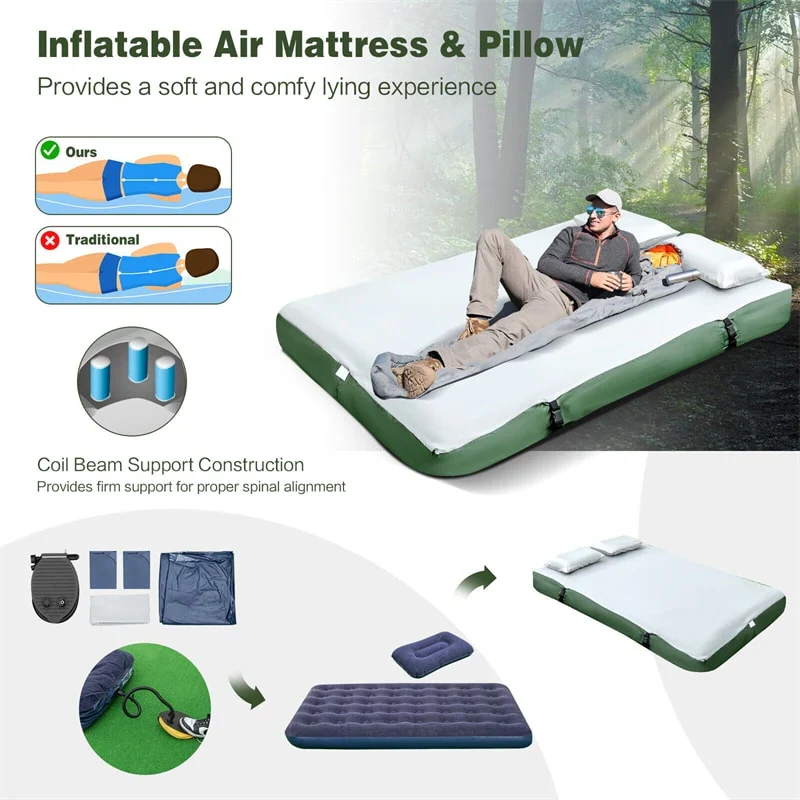 5-in-1 2-Person Portable Camping Tent Cot With Air Mattress, Sleeping Bags And Sunshade - Green & Blue - Image 8 5-in-1 2-Person Portable Camping Tent Cot With Air Mattress, Sleeping Bags And Sunshade - Green & Blue - Image 8