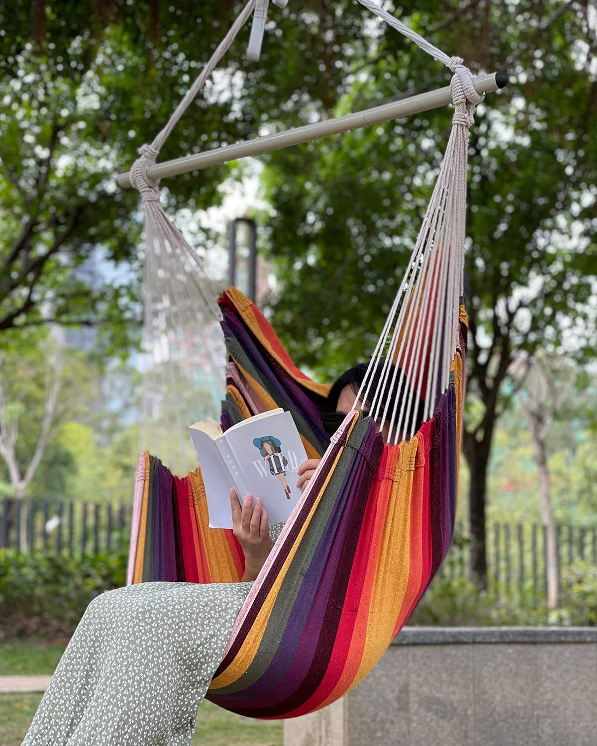 Bedroom Indoor Striped Hammock Chair With Two Cushions up to 440 Lbs Outdoor Patio Porch or Tree Swing Hammock Chair
